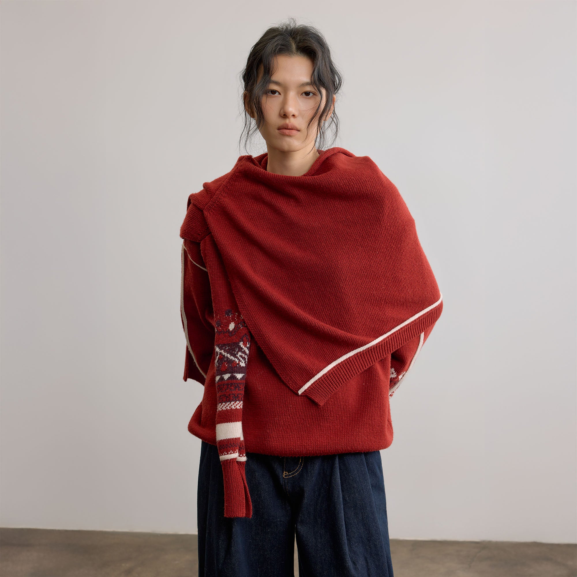 SAME FLOW Retro Jacquard Sleeve Sweater & Shawl Set