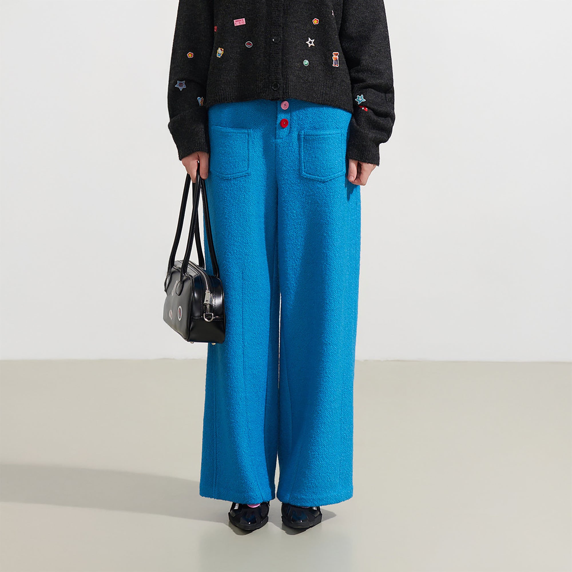 SOFITTE Wool-Blend Color Button Wide-Leg Pants