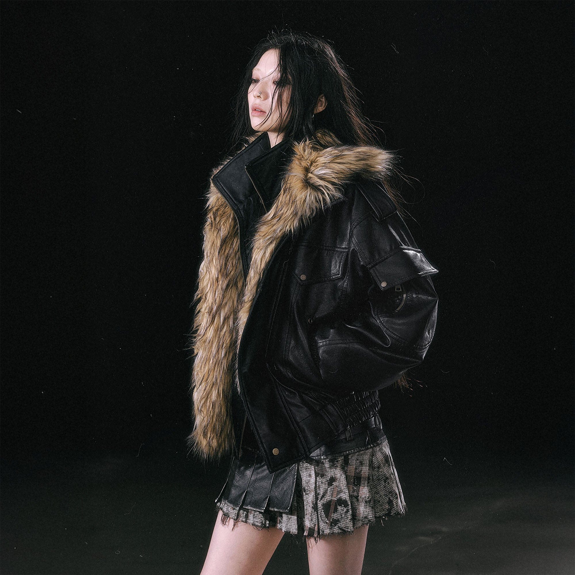 CESTNOUS Detachable Faux Fur-Lined Bomber Jacket