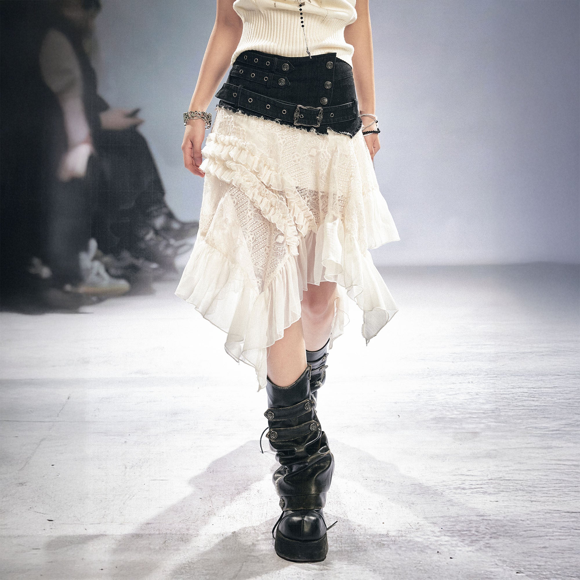 CESTNOUS Denim Belt-Waist Lace Ruffle Asym Skirt