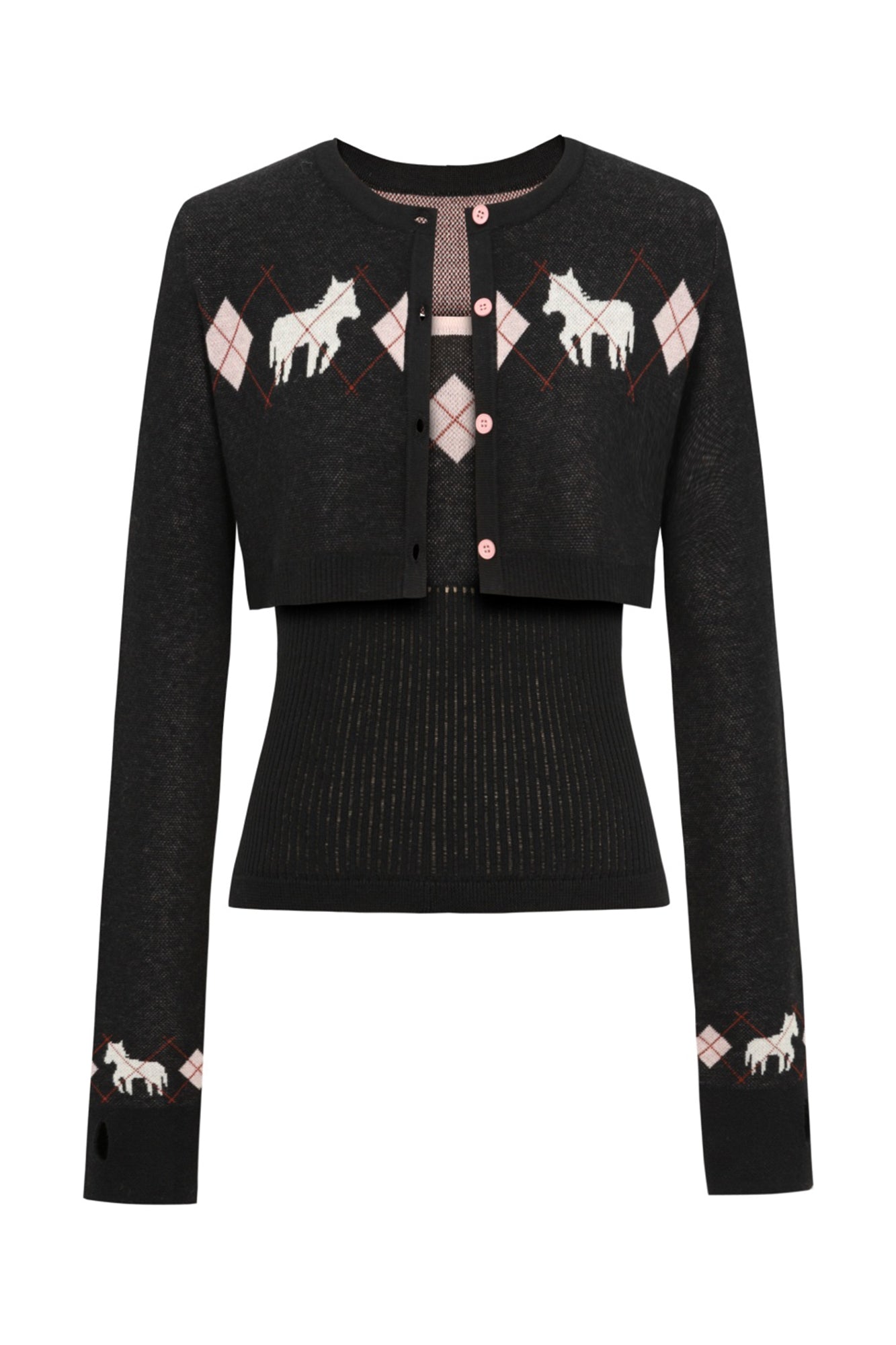 10AMSOTIIIIIIRED Argyle Horse Ribbed Twinset