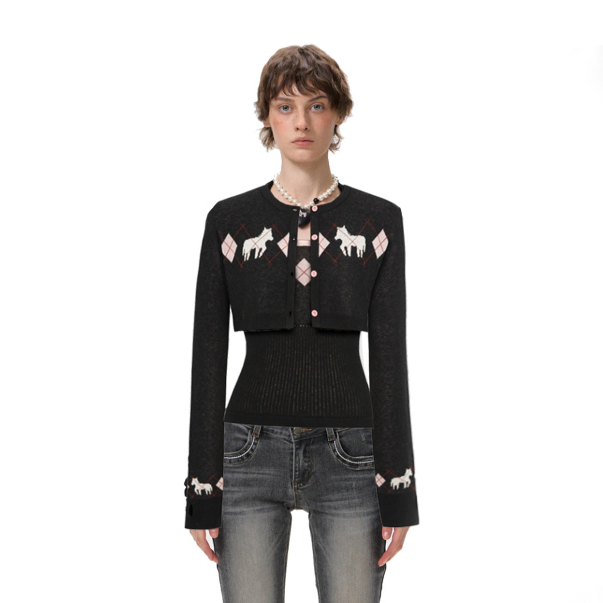 10AMSOTIIIIIIRED Argyle Horse Ribbed Twinset