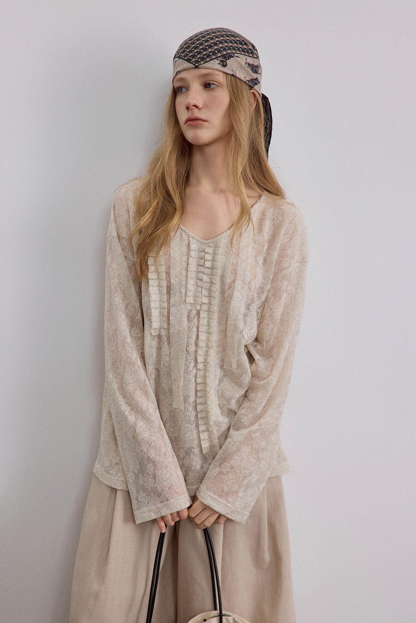 SAME FLOW Sheer Floral Pintuck Long-Sleeve Tee