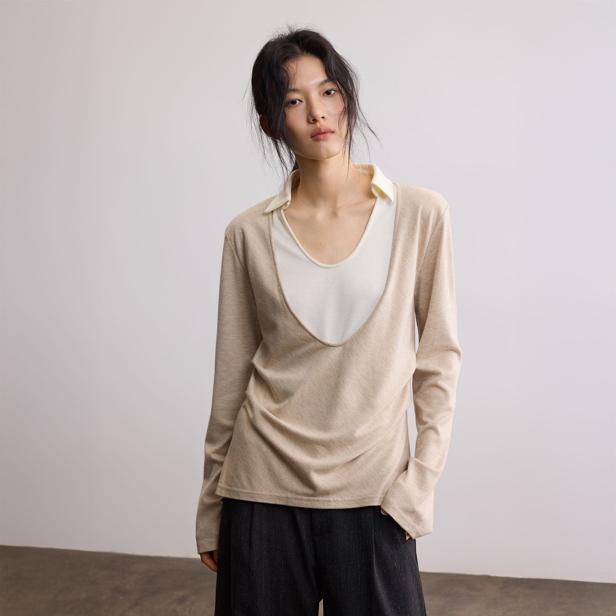 SAME FLOW Modern Double-Layered Long-Sleeve Tee