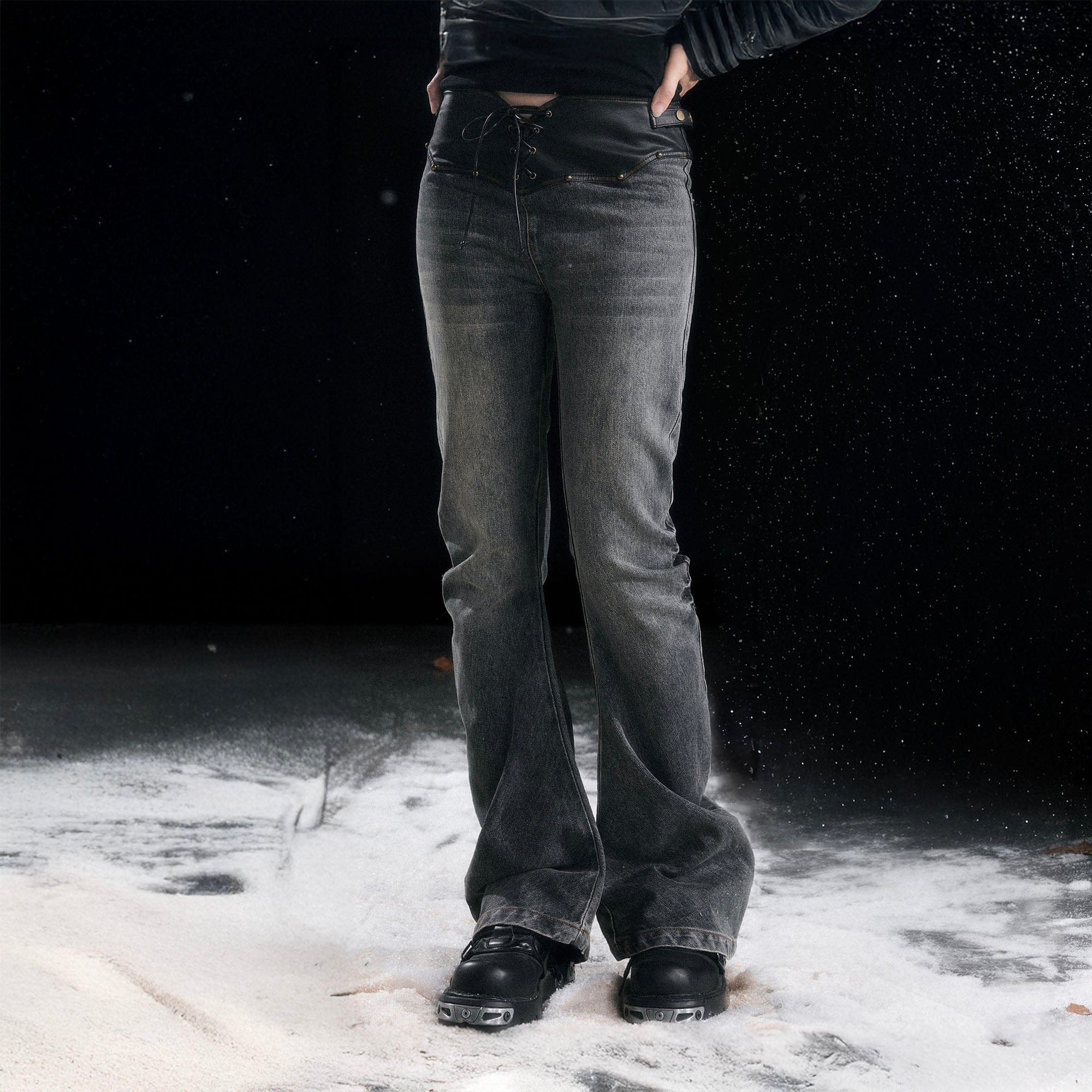 CESTNOUS Faux Leather Corset Waist Washed Jeans