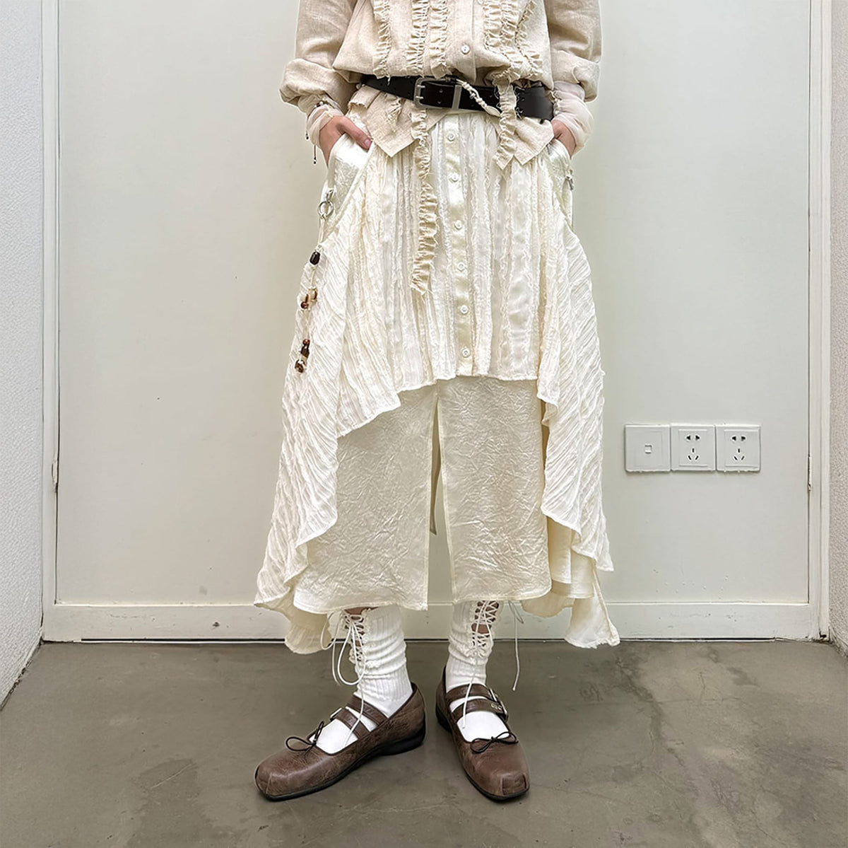 NEVERSEEZ Layered Shirt Hem Acetate Spliced Maxi Skirt