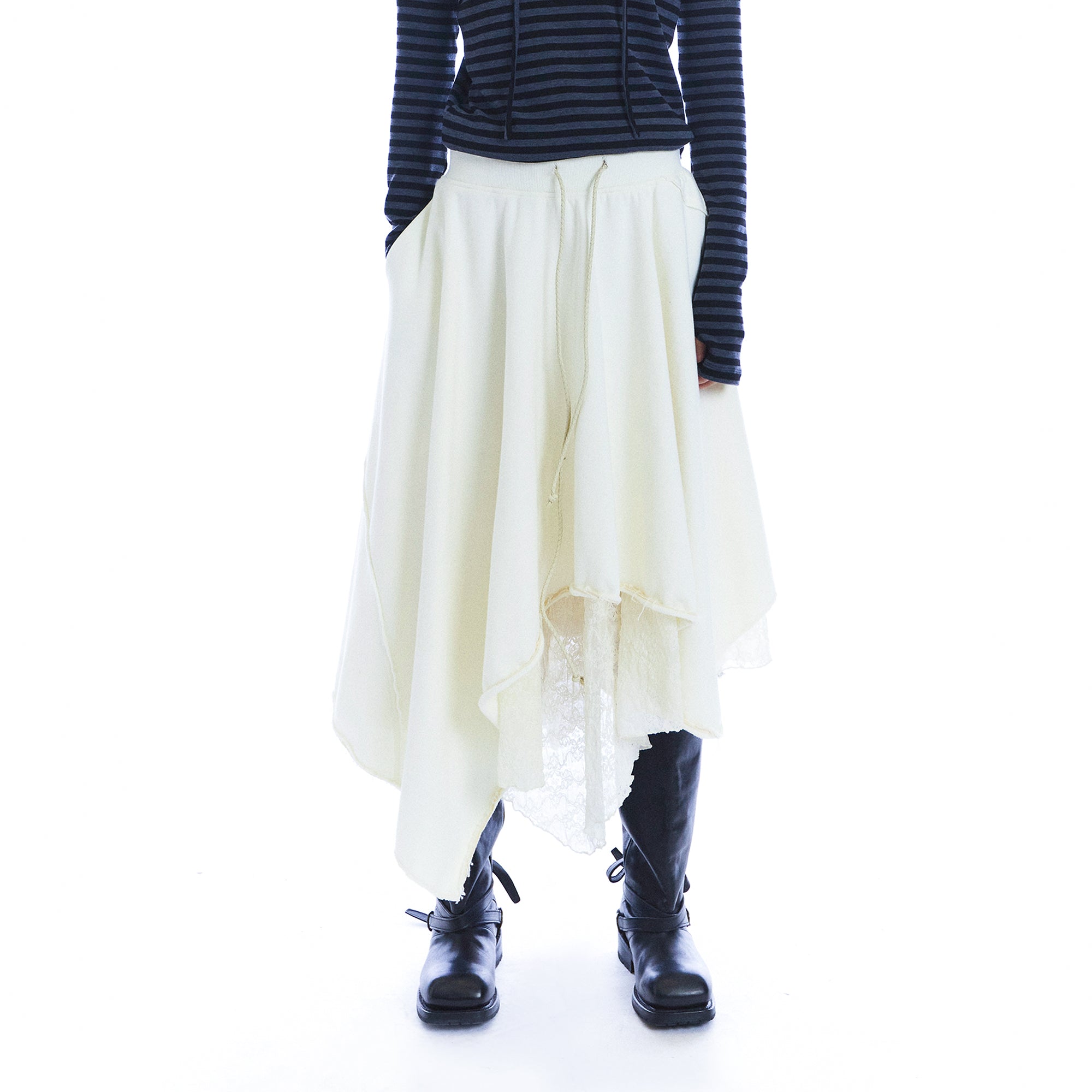 NEVERSEEZ Asymmetric Lace-Insert Knit Midi Skirt