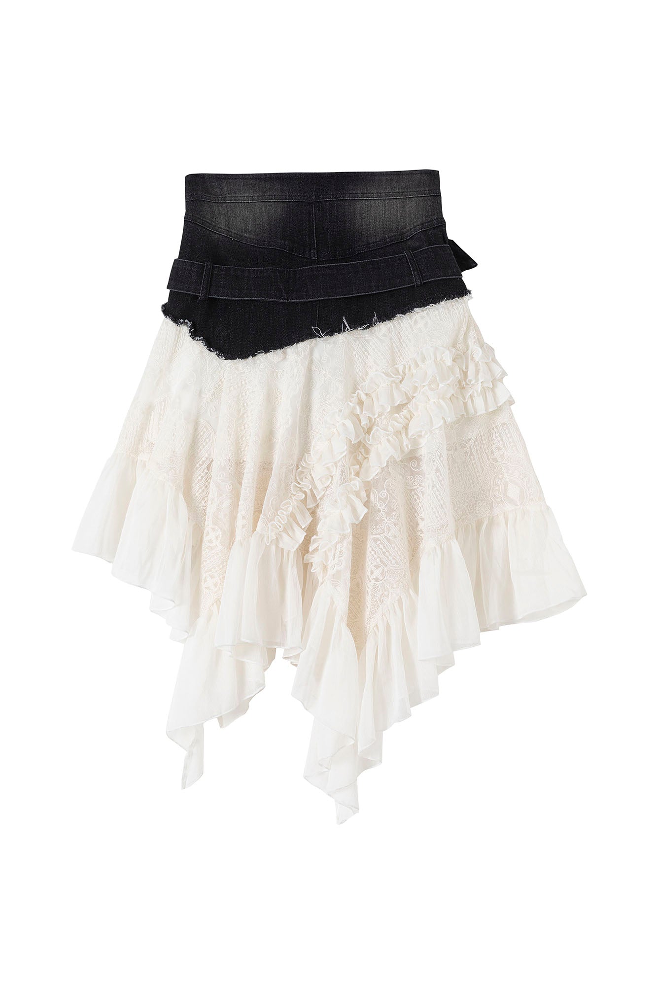 CESTNOUS Denim Belt-Waist Lace Ruffle Asym Skirt