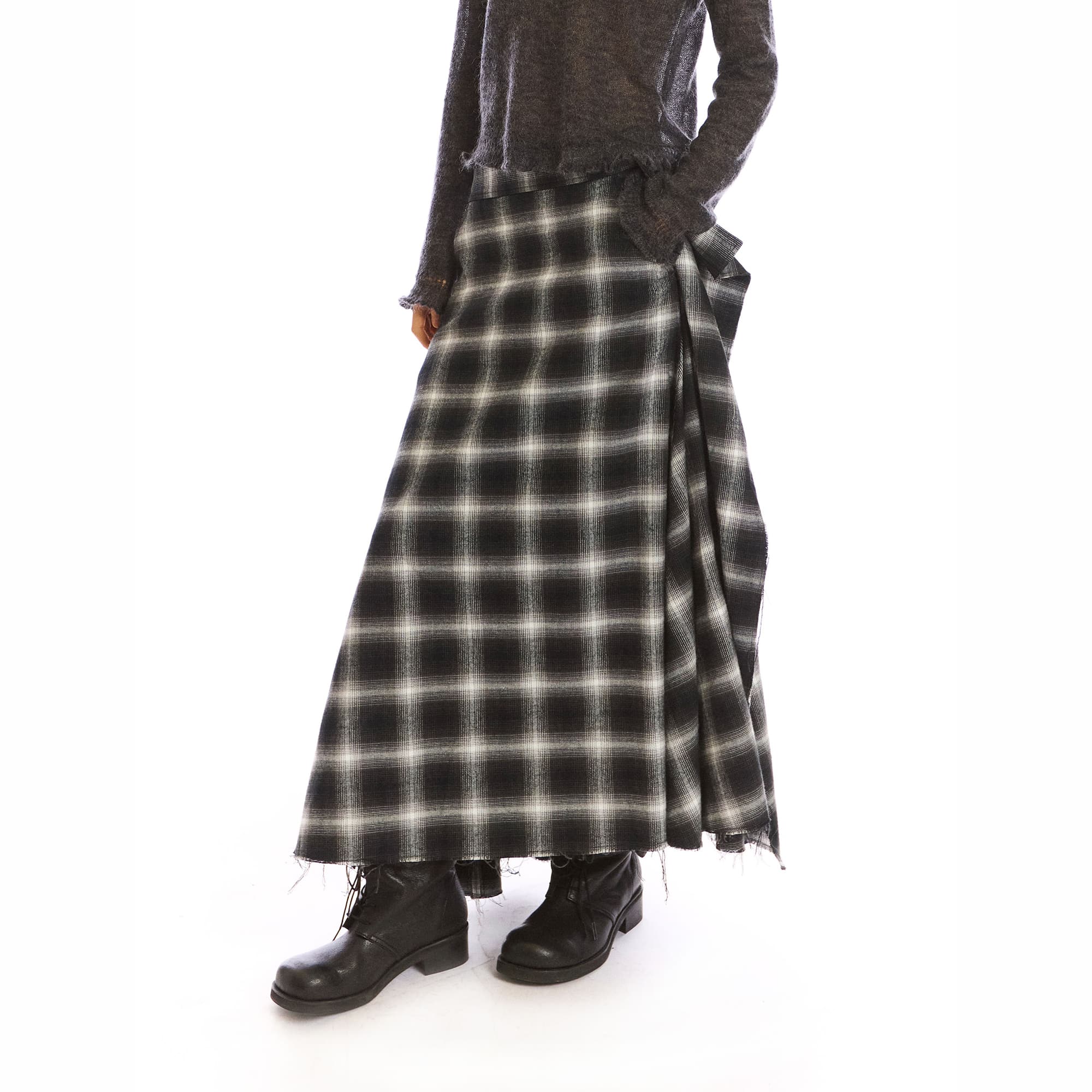 NEVERSEEZ Asymmetric Plaid Raw-Edge Maxi Skirt