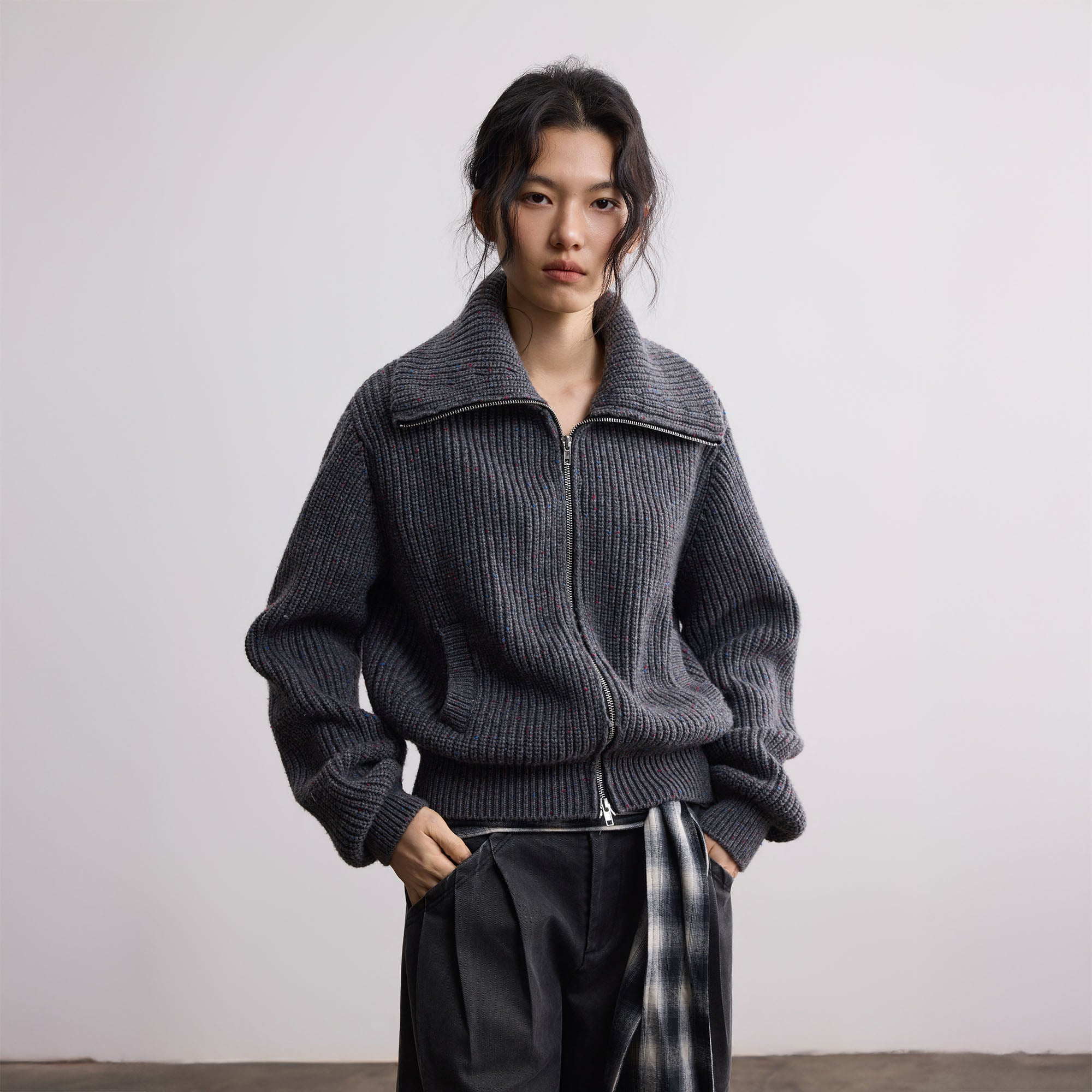 SAME FLOW Ribbed Oversized Polo Zip-Up Cardigan