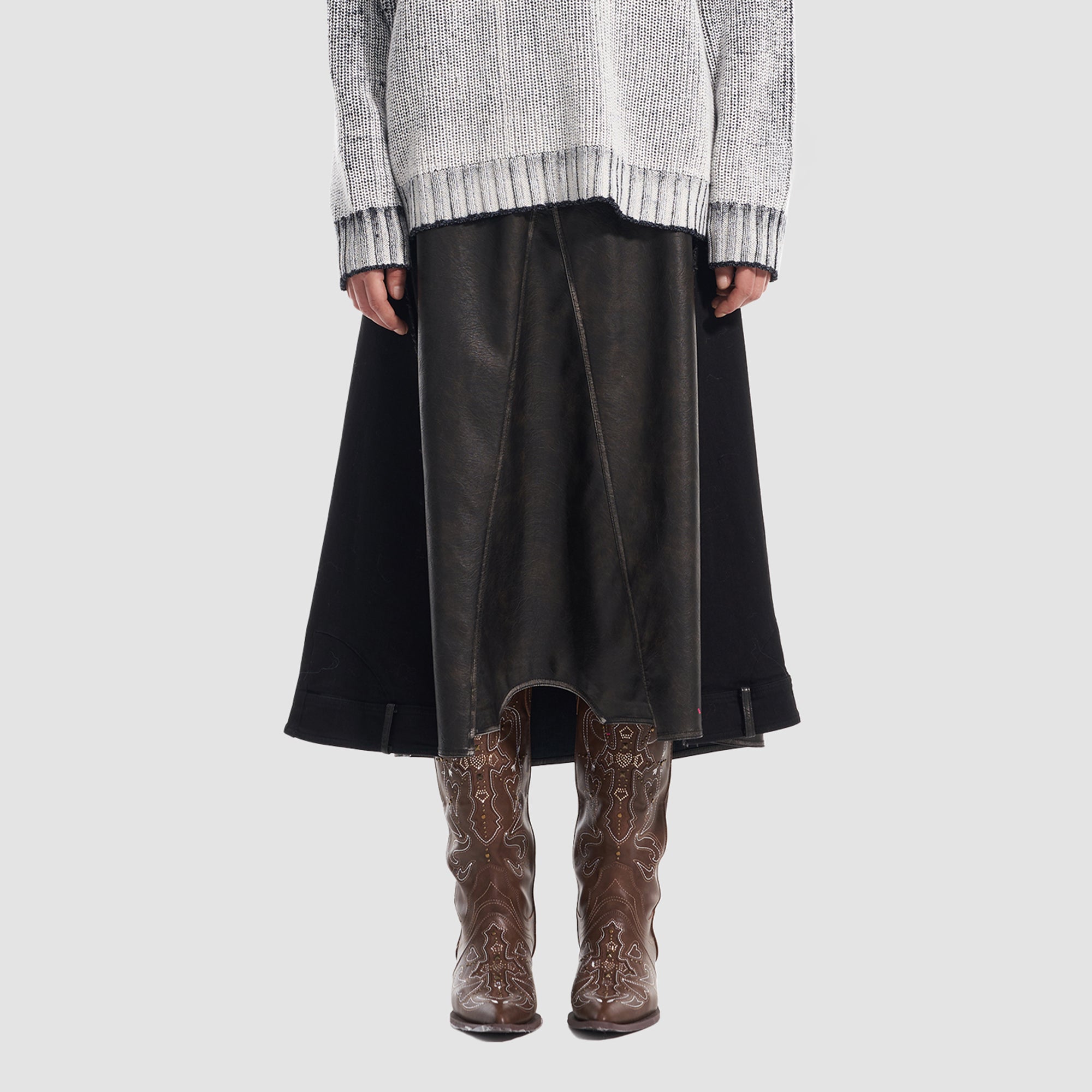 VANN VALRENCE Paneled Frayed Faux Leather A-Line Skirt