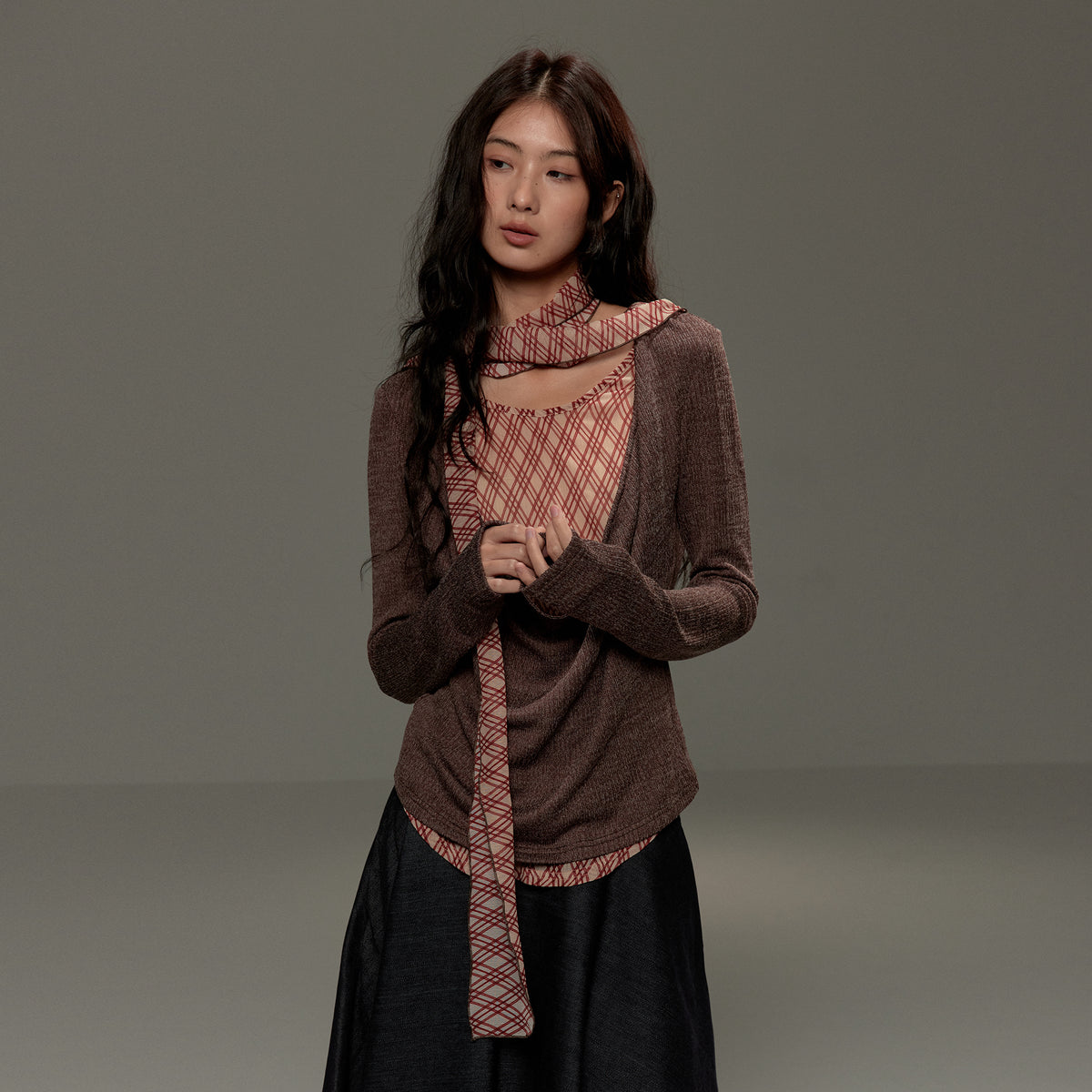 LVETONG Layered Plaid Scarf-Tie Cowl Long-Sleeve Tee