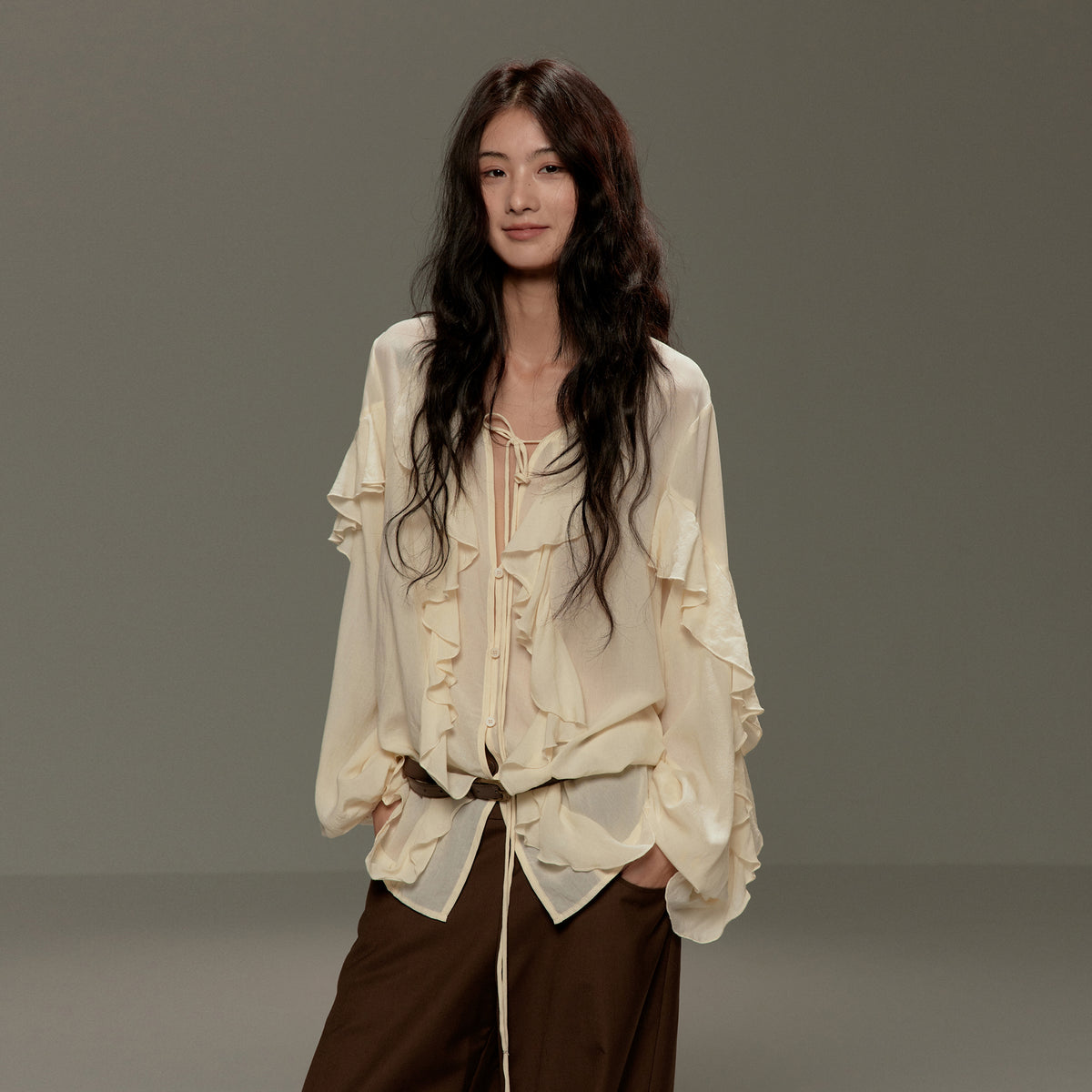 LVETONG Tencel Drawstring Ruffle-Hem Long-Sleeve Tee