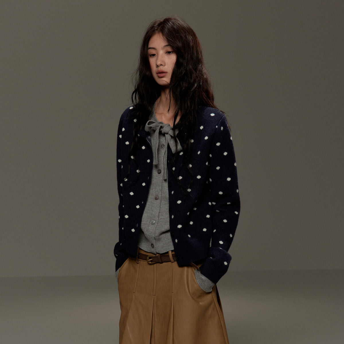 LVETONG Polka Dot Bow-Tie Layered Cardigan