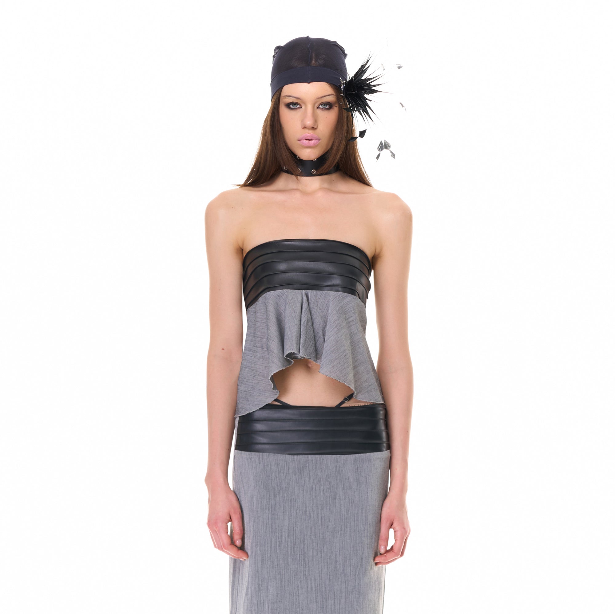 NEVER OFFEND L ANGEL Pleated Strapless Top And Sheer Midi Skirt Set