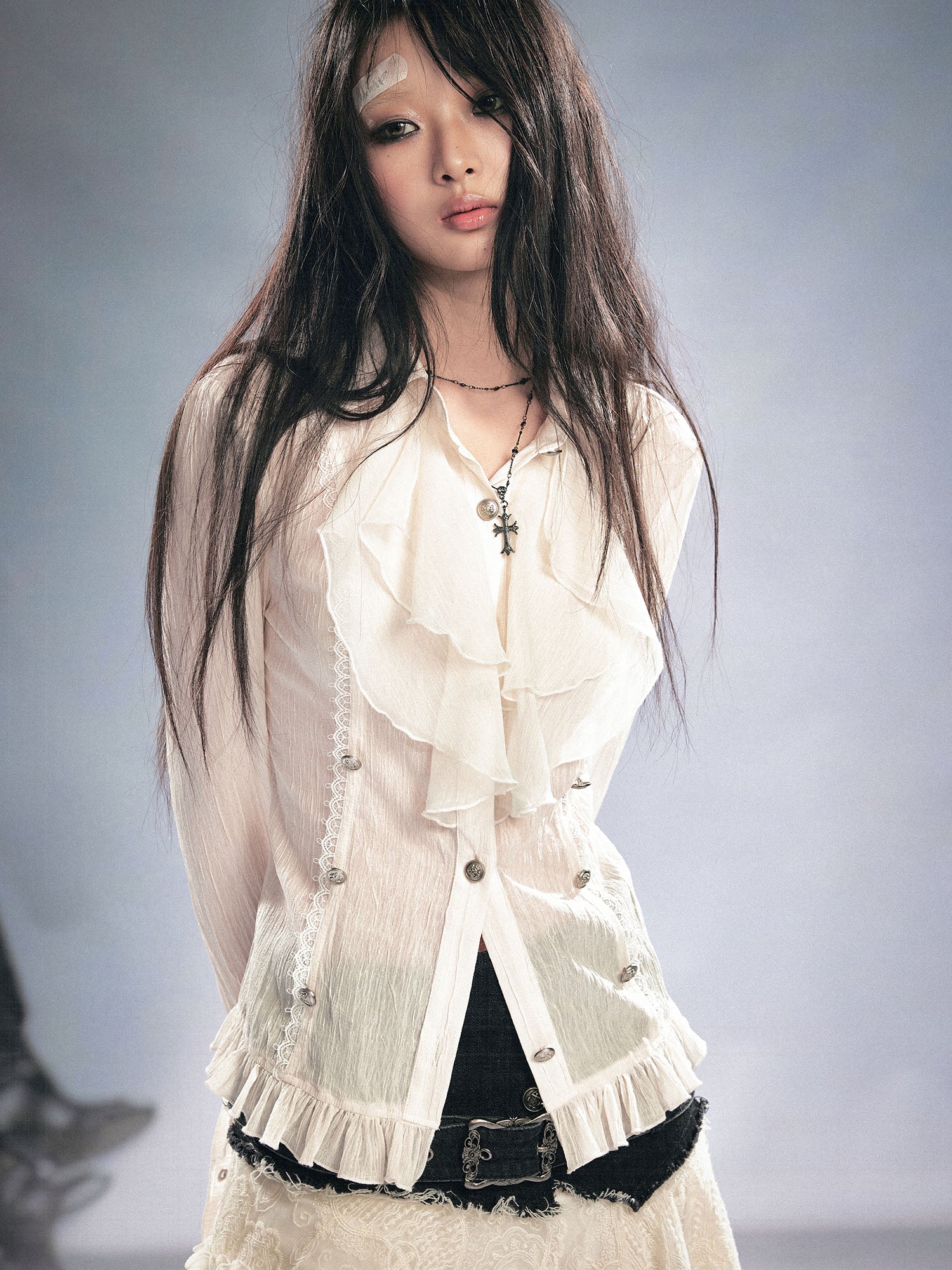 CESTNOUS Crinkled Ruffle Sheer Blouse