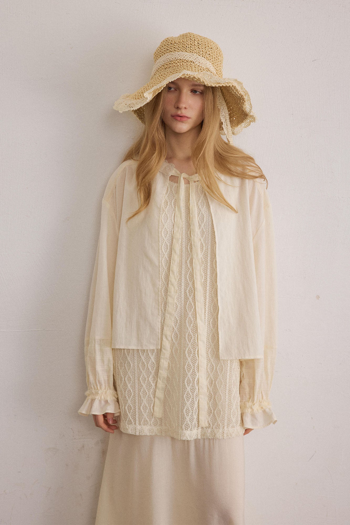 SAME FLOW Layered Lace-Panel Tie-Neck Long-Sleeve Tee