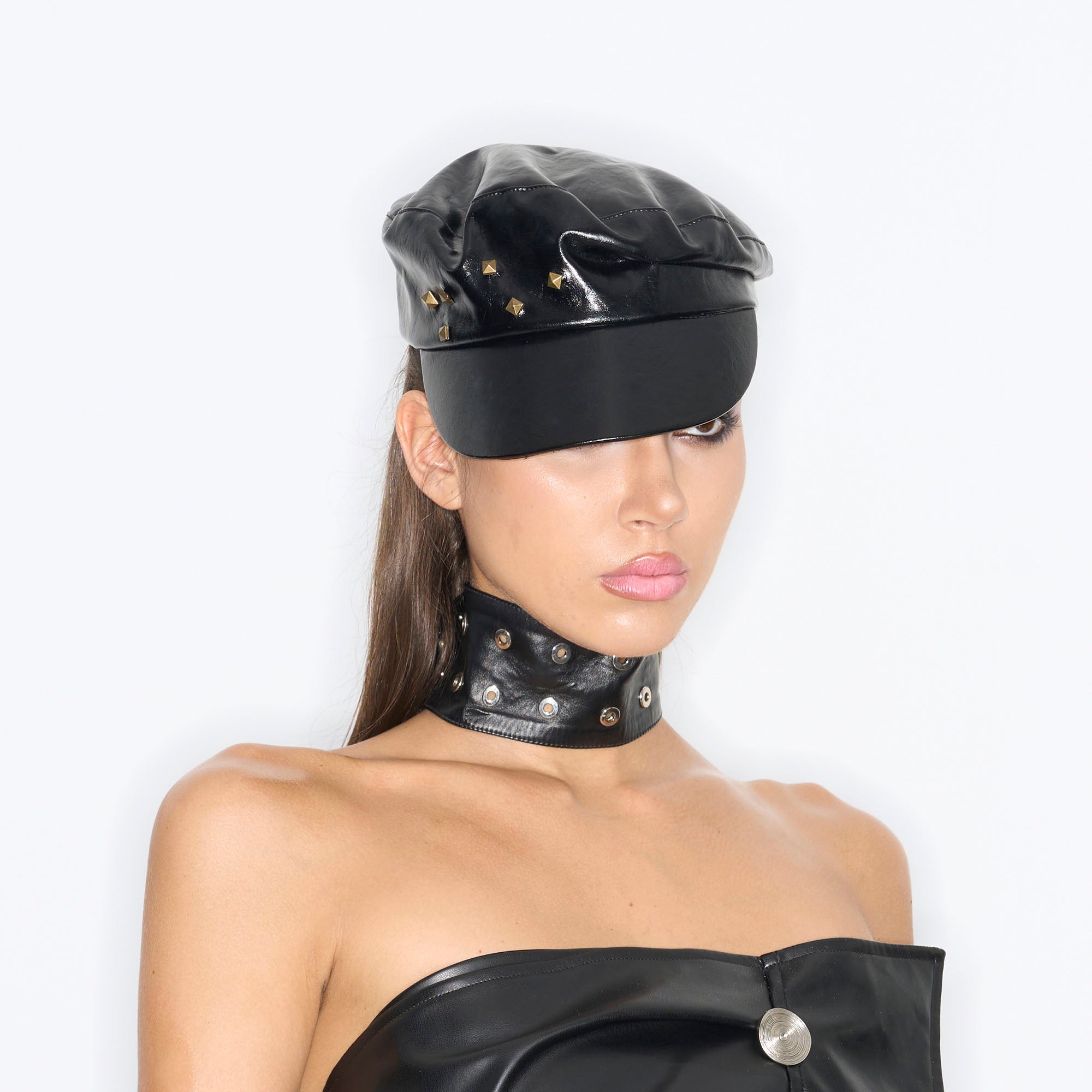 NEVER OFFEND L ANGEL Studded Faux Leather Newsboy Cap