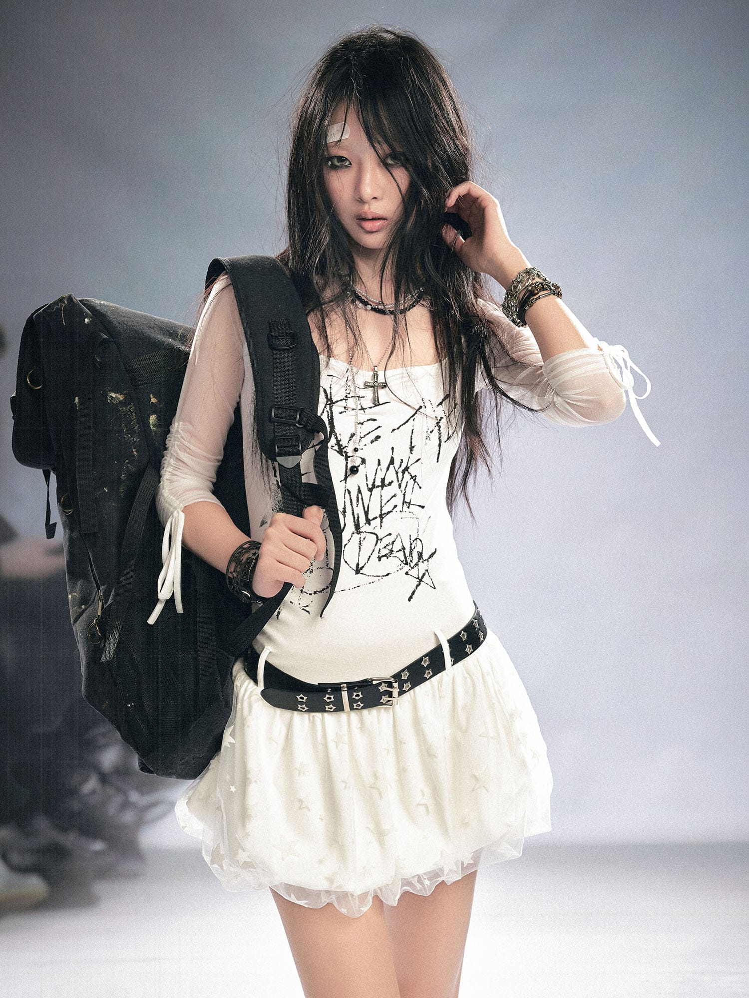 CESTNOUS Sheer-Sleeve Graffiti Mini Dress
