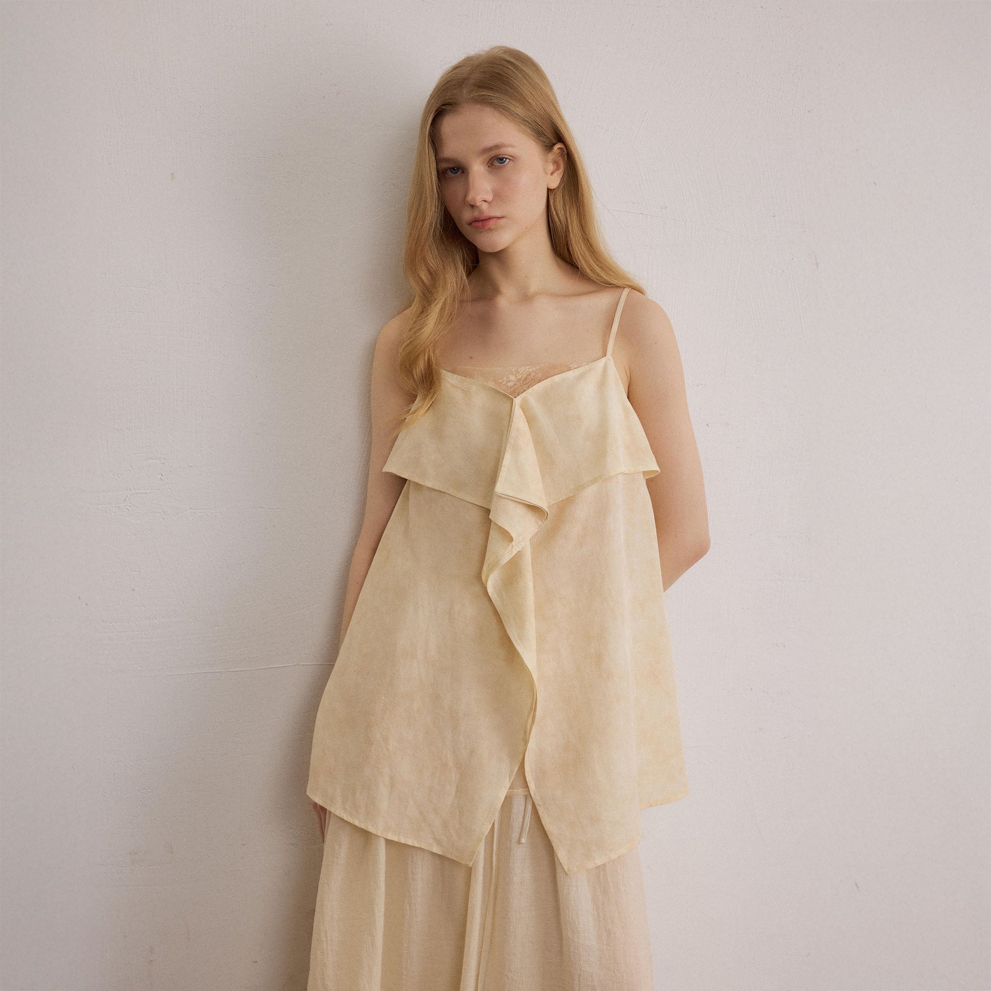 SAME FLOW Asymmetrical Draped Lace-Panel Cami Top