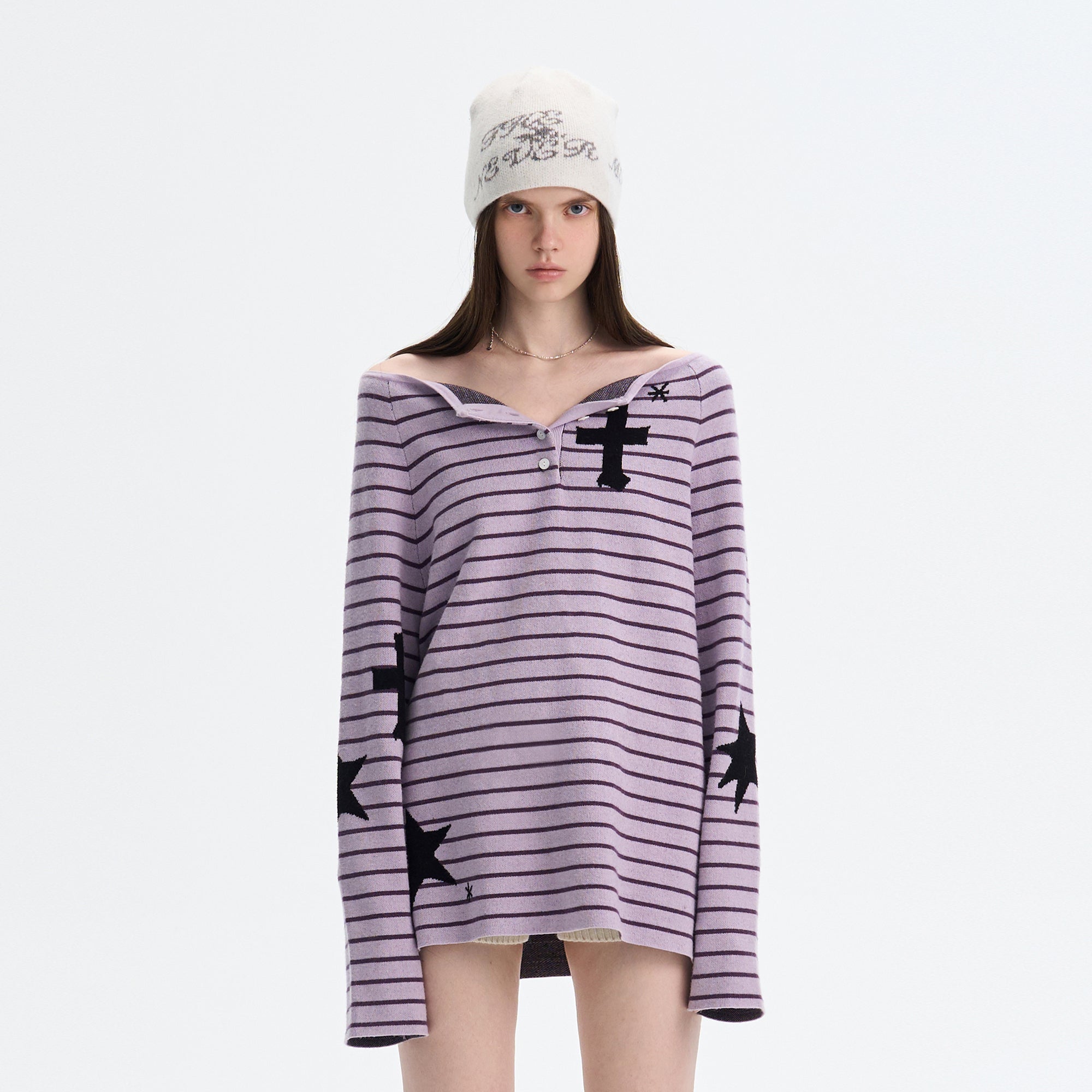 THE NEVERMORE Reversible Striped Cross-Star Knit Pullover
