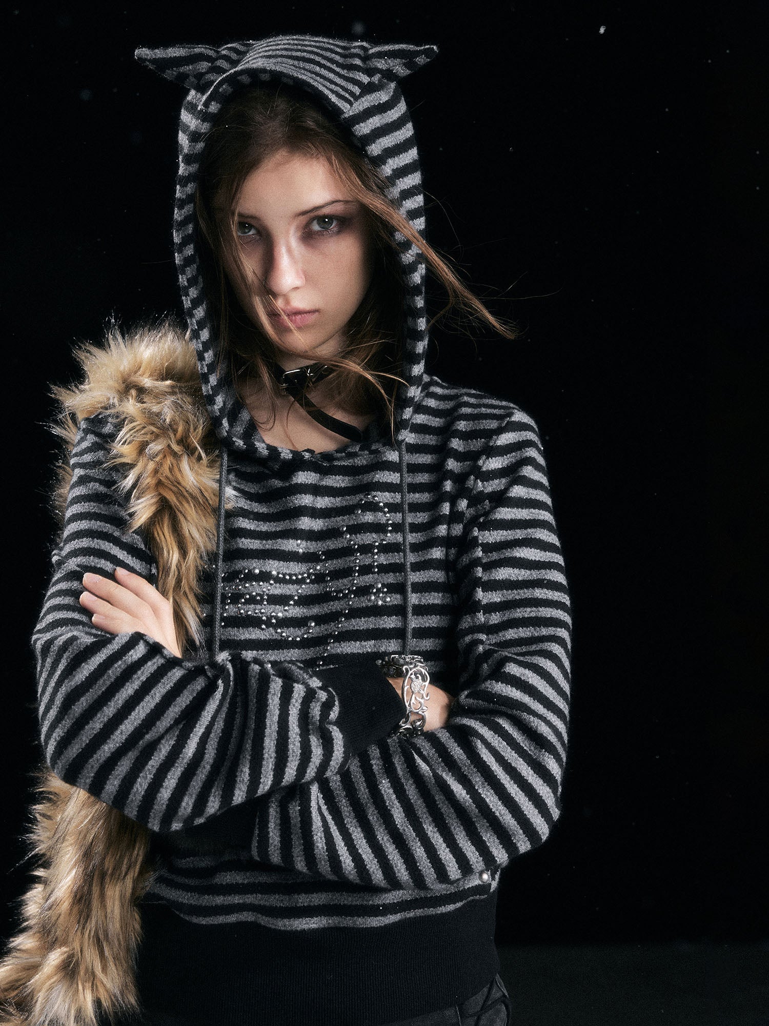 CESTNOUS Studded Striped Cat-Ear Hoodie
