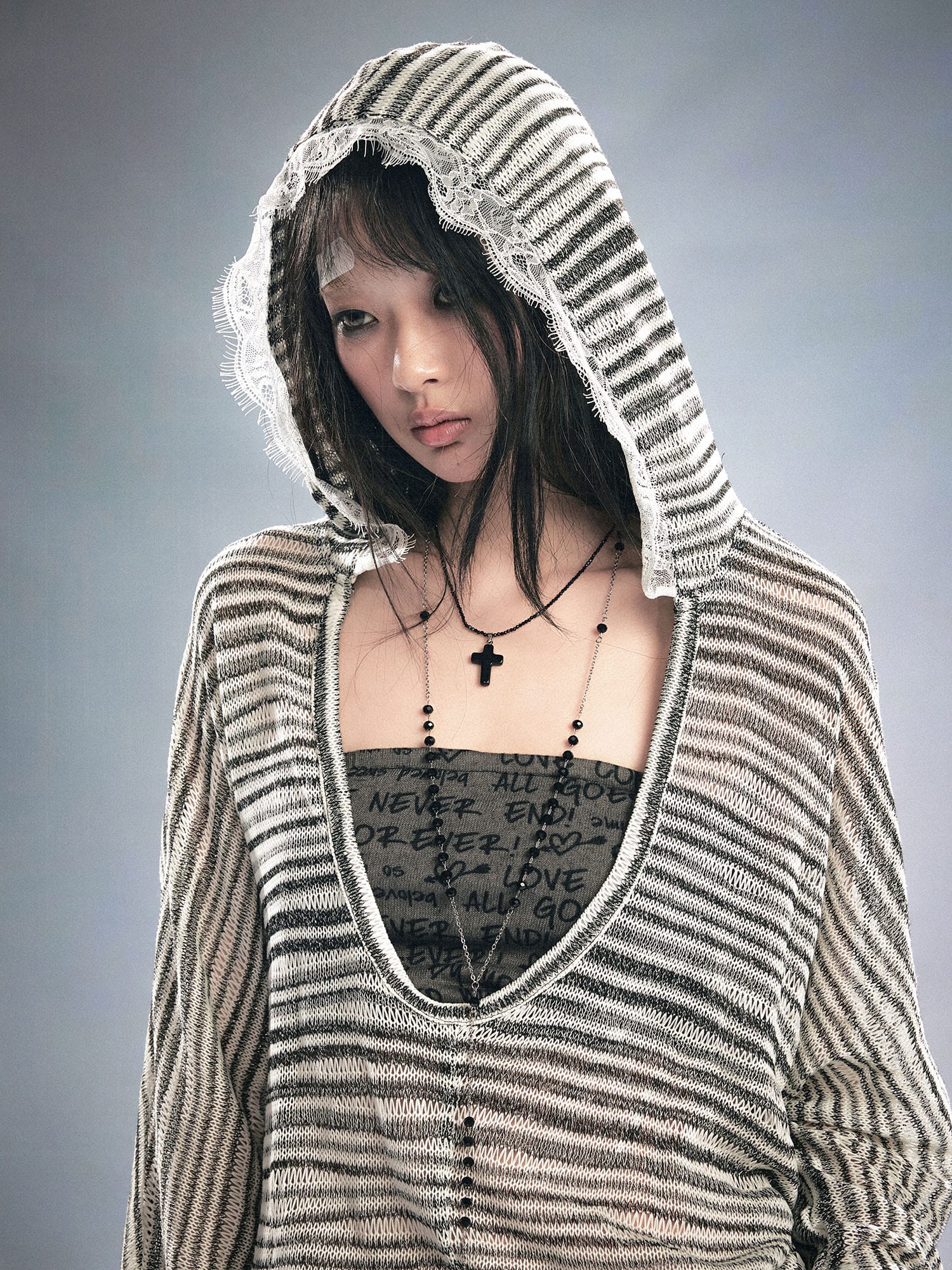 CESTNOUS Striped Sheer Hooded Long-Sleeve Tee