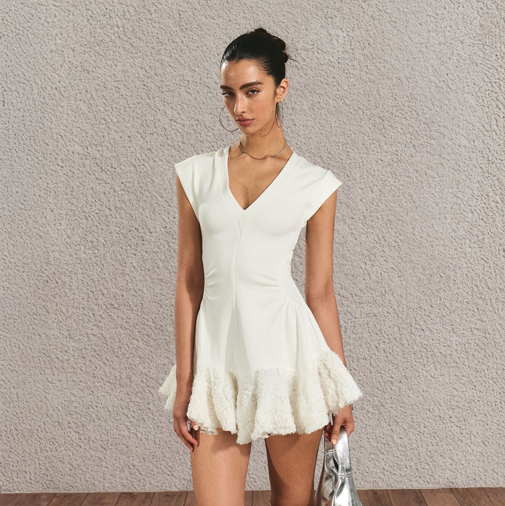 THE NEVERMORE Fluffy Hem V-Neck Mini Dress