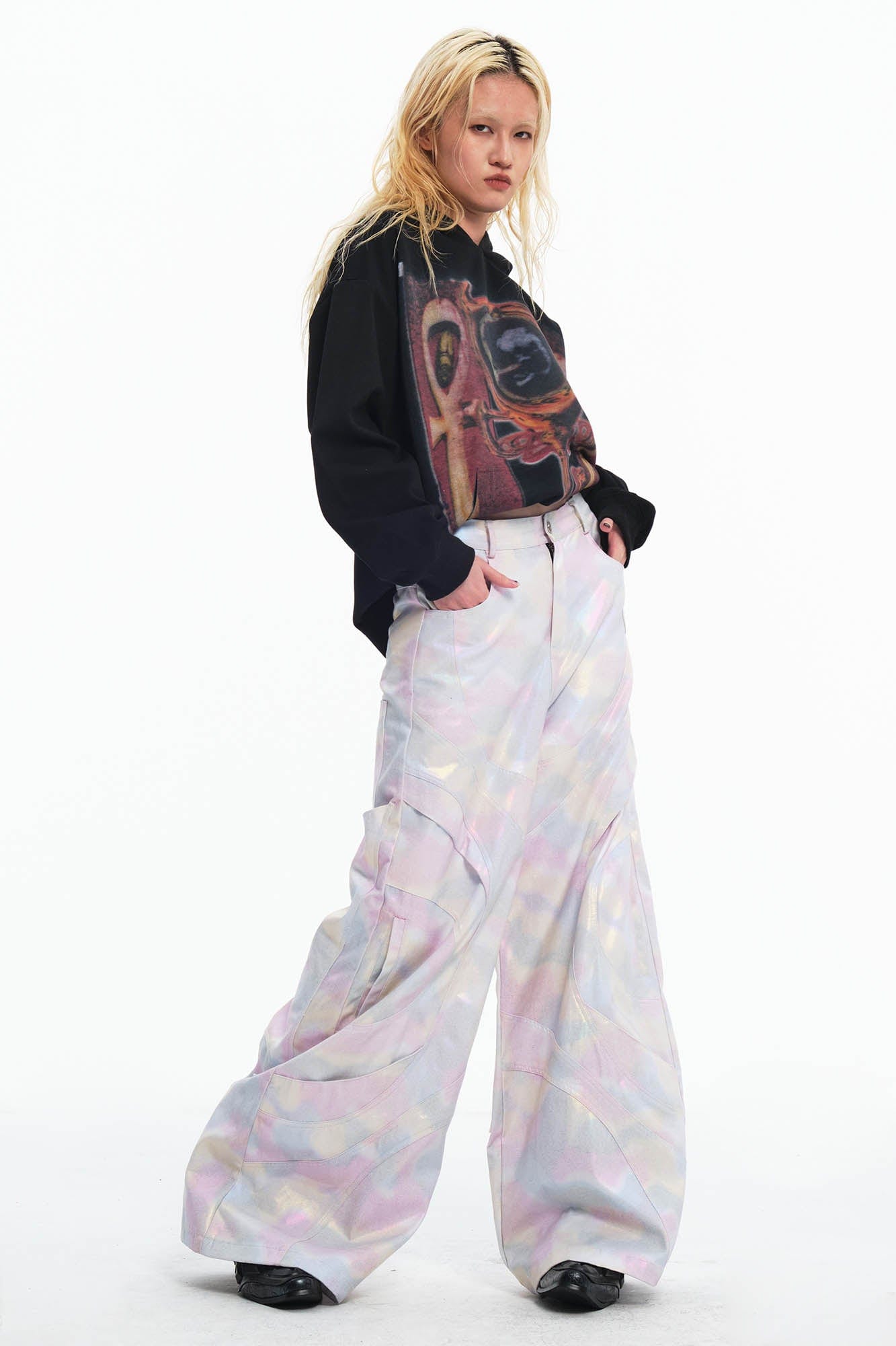 EMBRYO Deconstructed Iridescent Camo Wide-Leg Pants, premium urban and streetwear designers apparel on PROJECTISR.com, EMBRYO