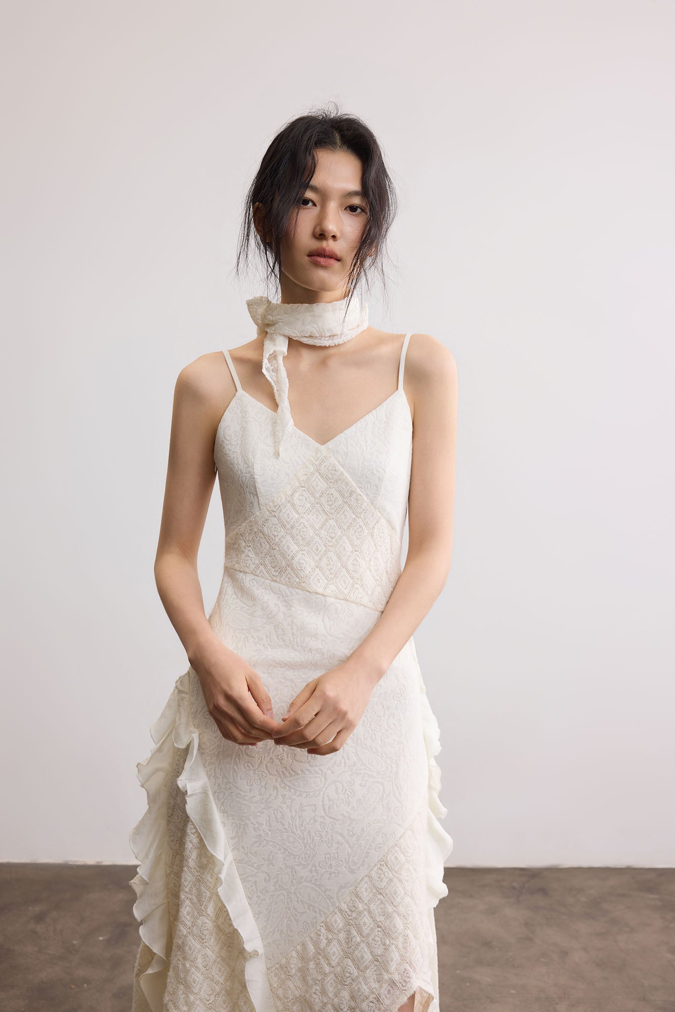 SAME FLOW Ruffle Asym Slip Lace-Panel Dress