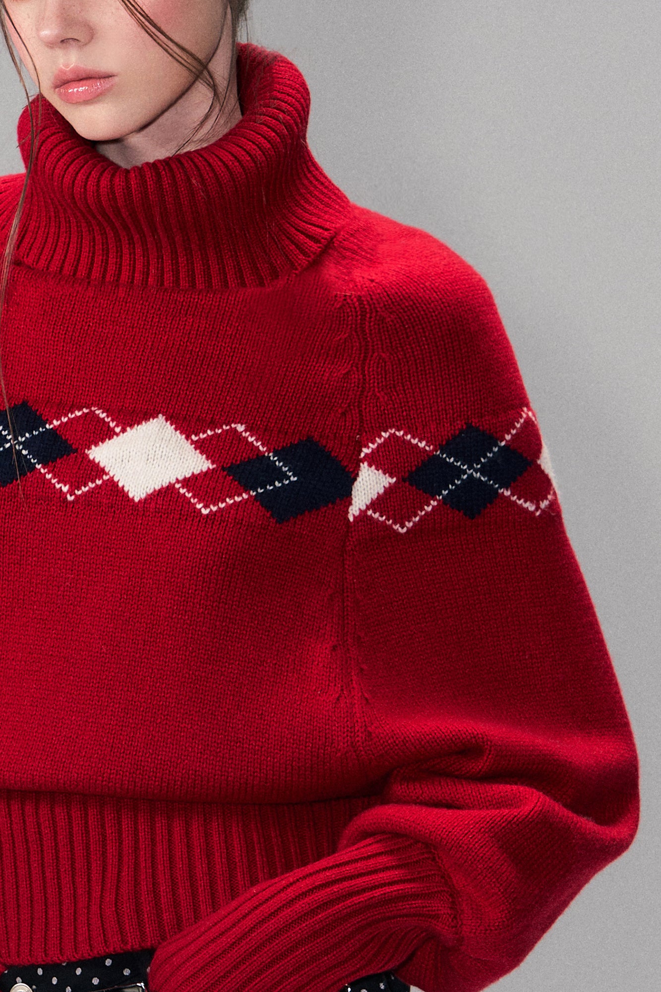 THE NEVERMORE Argyle Ribbed Balloon Sleeve Sweater