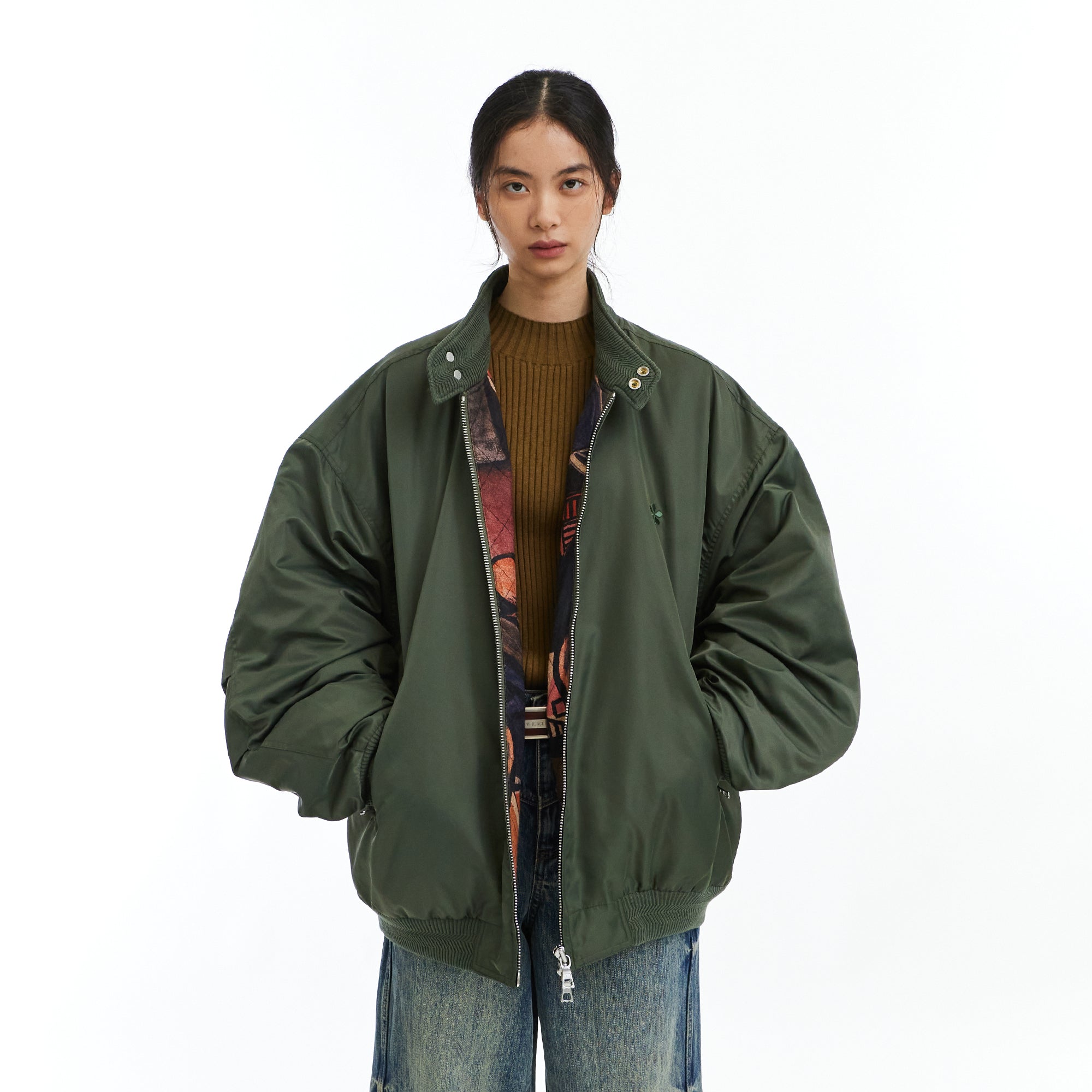 NEVERSEEZ Graphic-Lining Embroidered-Flower Bomber Jacket