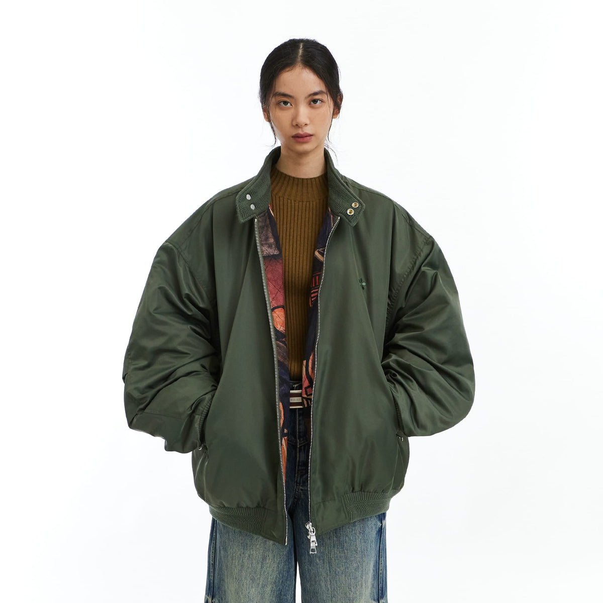 NEVERSEEZ Graphic-Lining Embroidered-Flower Bomber Jacket