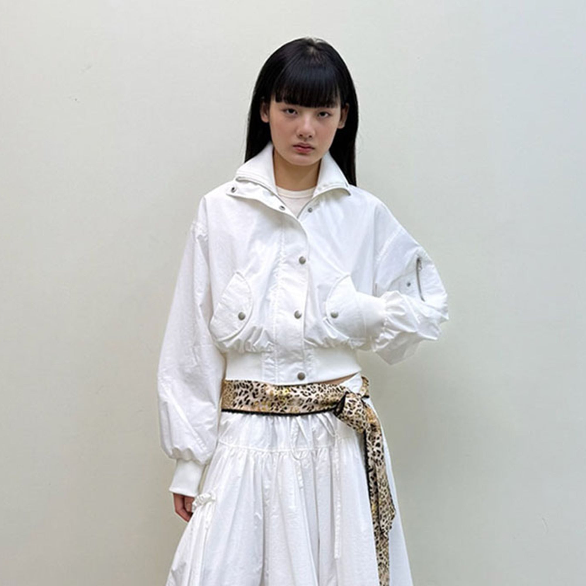 NEVERSEEZ Ruched-Back Cropped Bomber Jacket