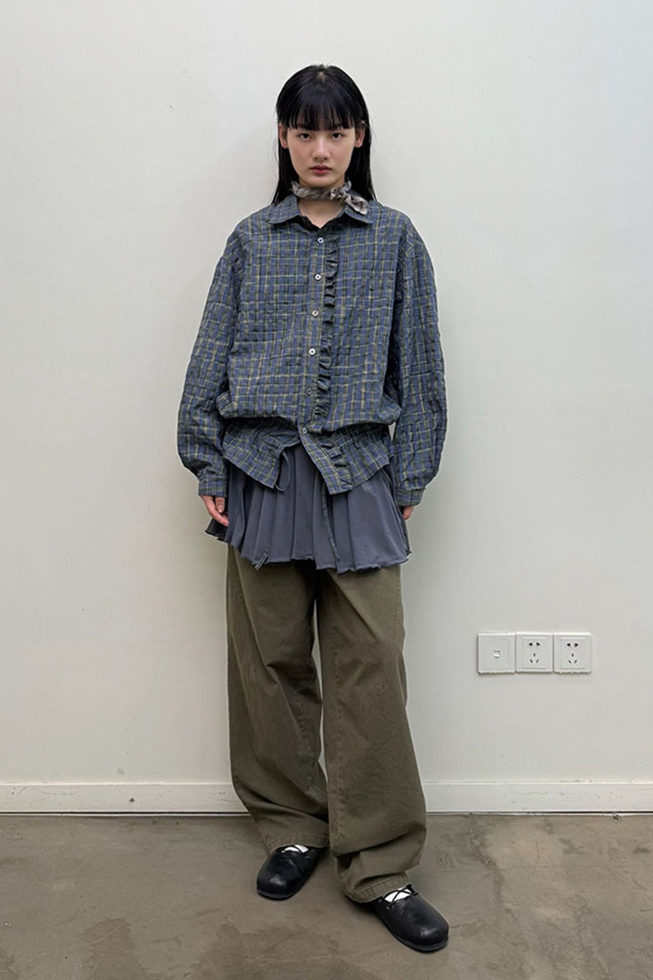 NEVERSEEZ Ruffle-Placket Seersucker Plaid Drawstring Shirt