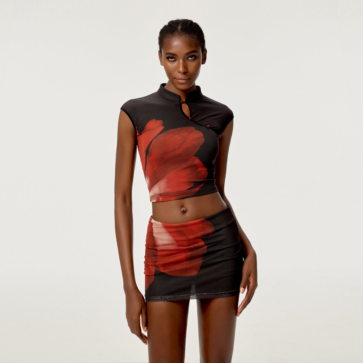 HIIMDAI Asymmetrical Floral Keyhole Top & Mini Skirt Set