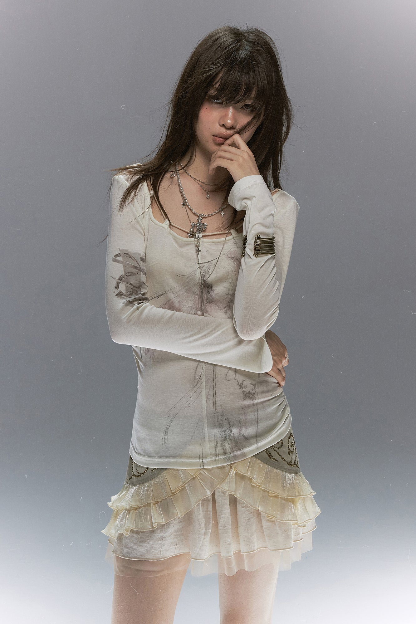 CESTNOUS Graphic Lace-Trim Tencel Long-Sleeve Tee