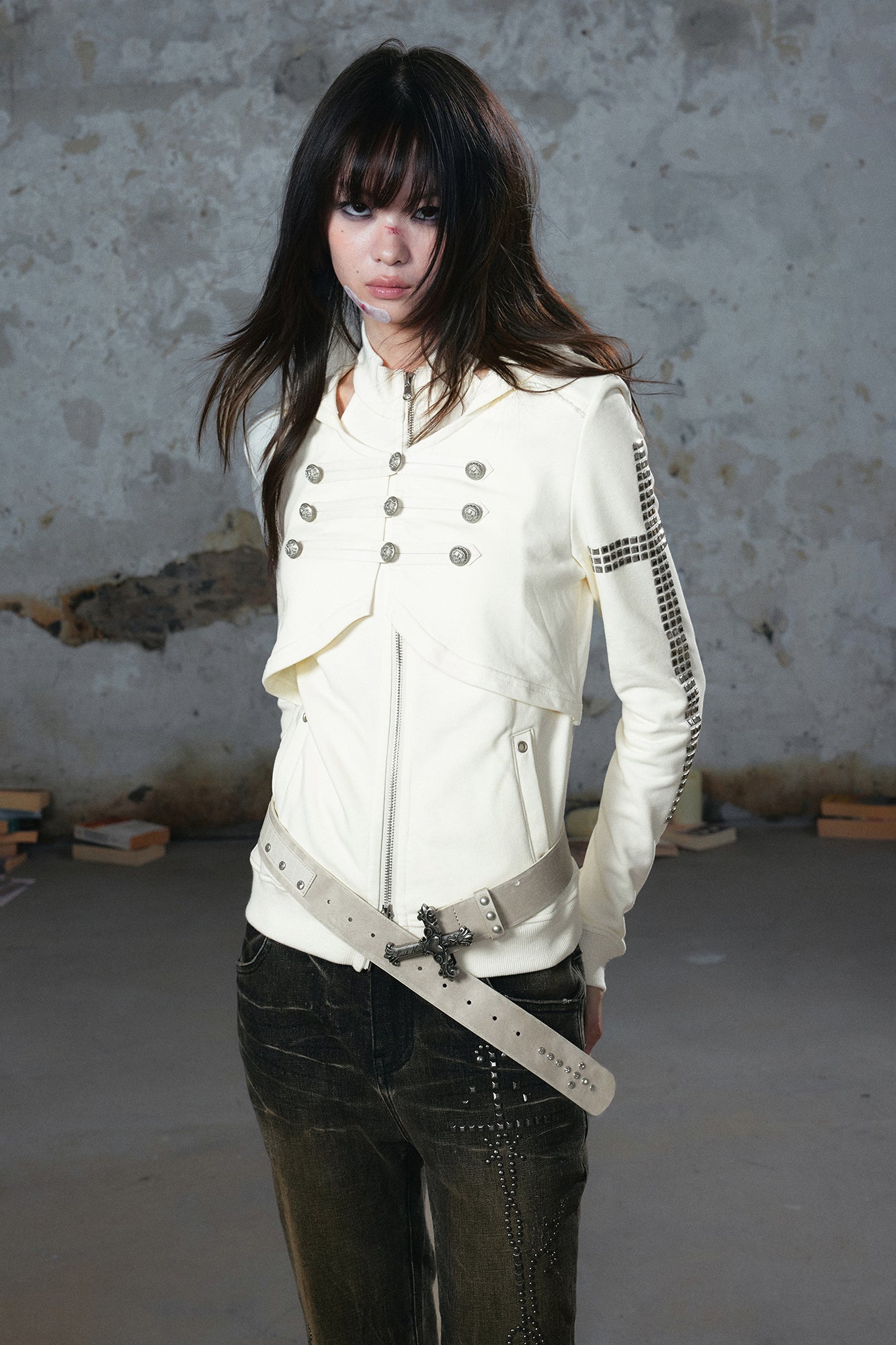 CESTNOUS Punk Metal-Button Napoleon Zip-Up Hoodie