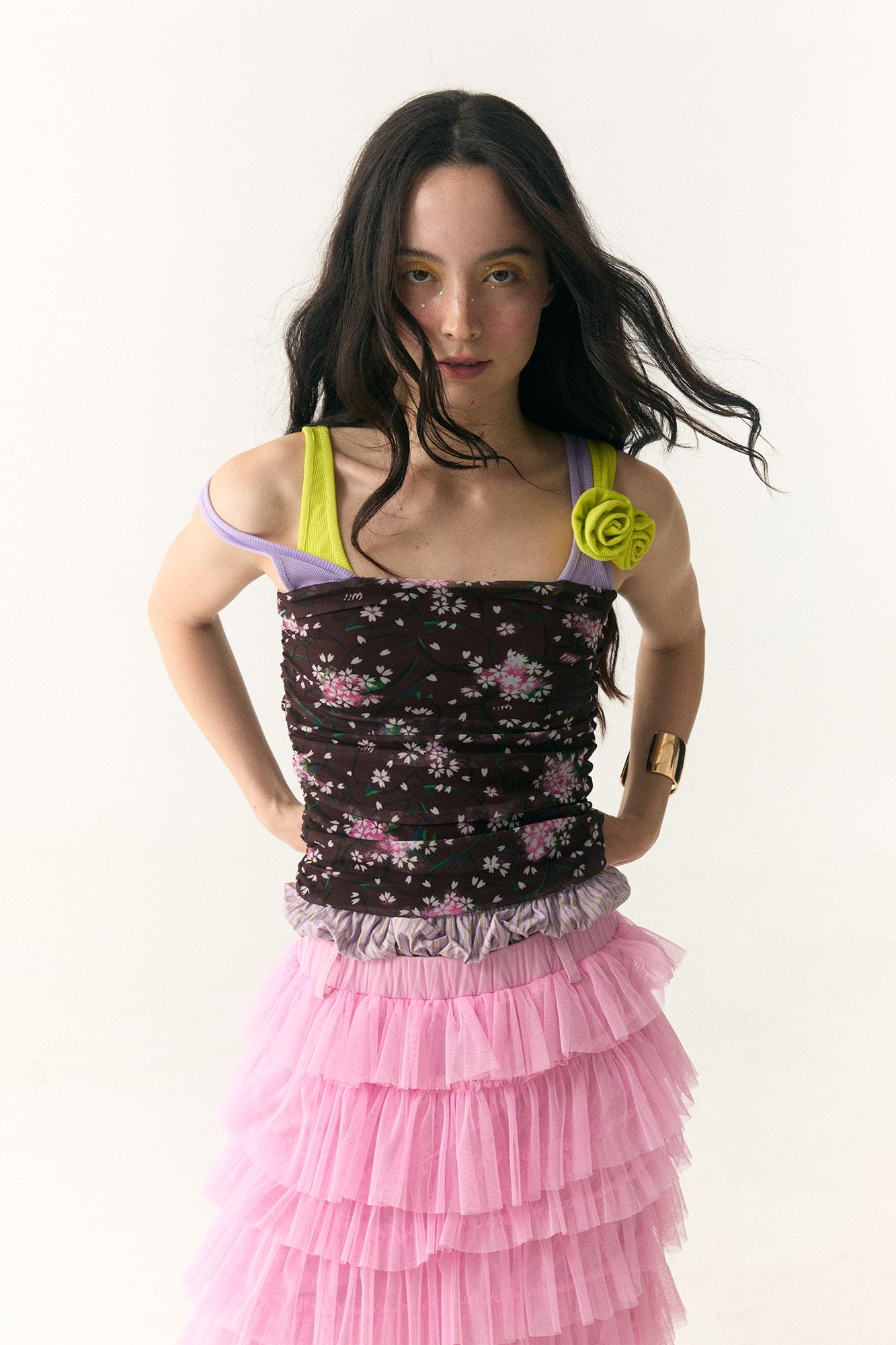 WII WIL Layered Rosette Floral Mesh Tank Top