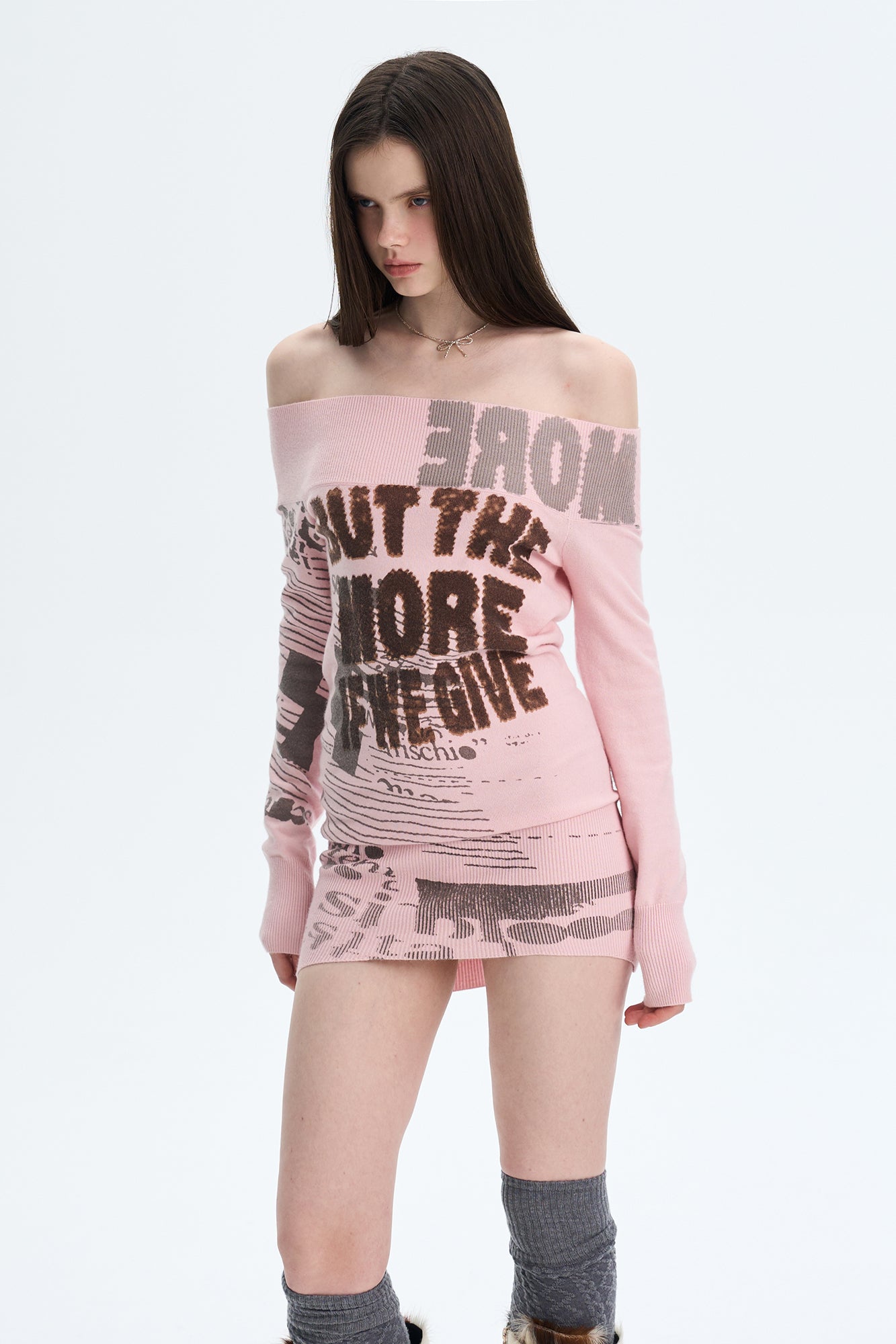 THE NEVERMORE Graphic Off-Shoulder Knit Mini Dress