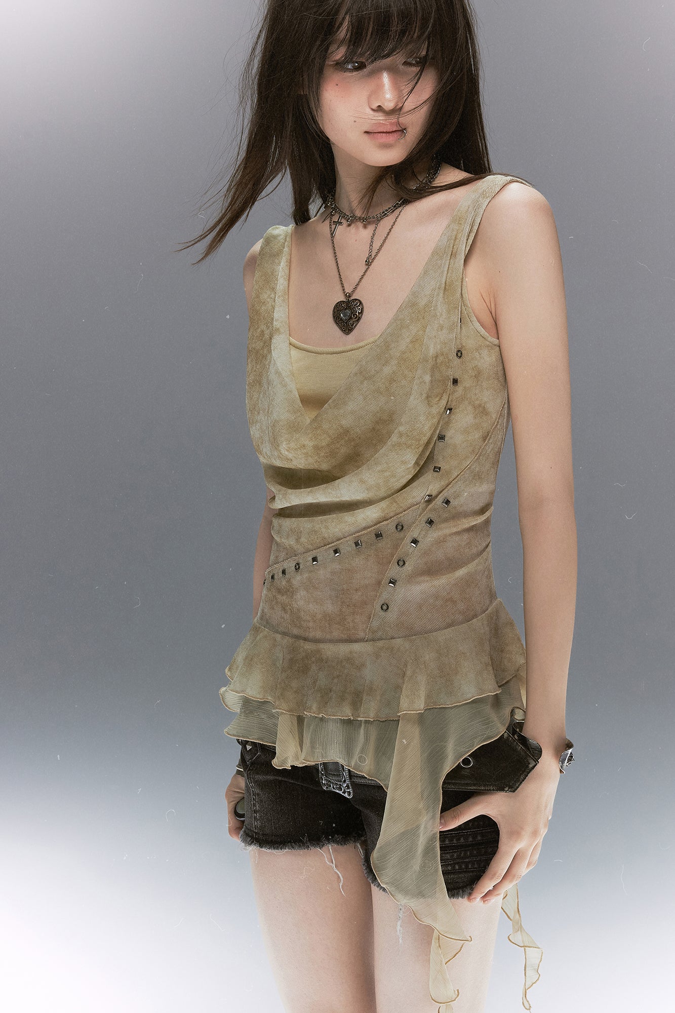 CESTNOUS Studded Lace-Up Back Ruffle-Hem Tank Top