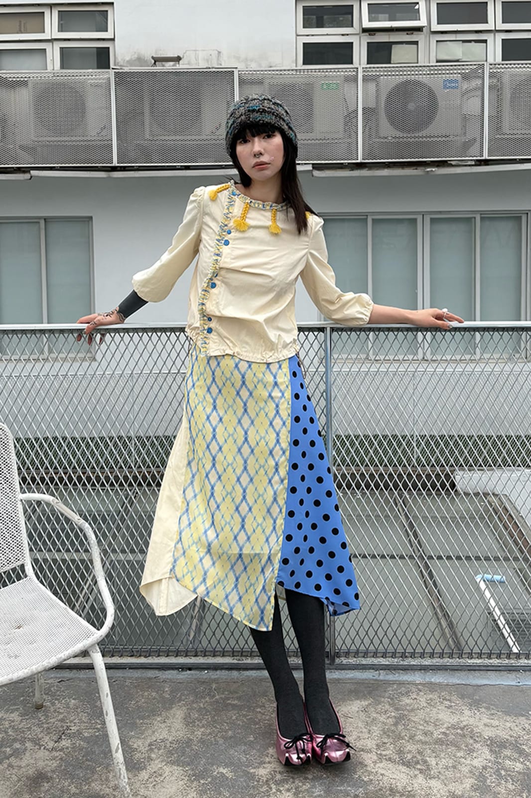 UNSOCIAL NIGHT Spliced Polka-Dot Diamond Midi Skirt