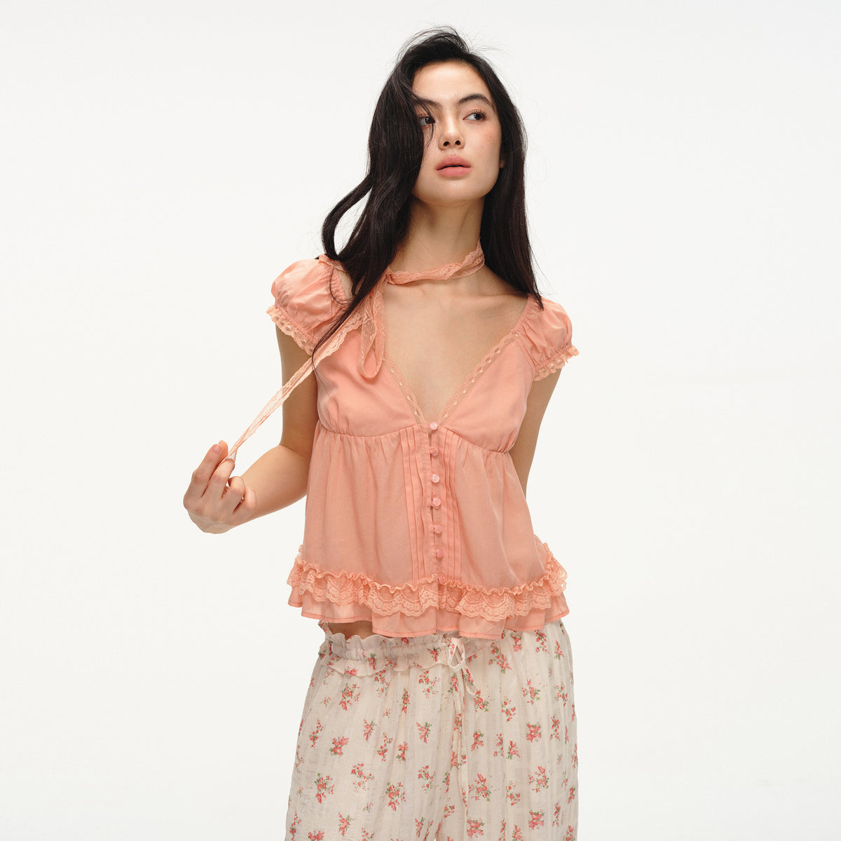 LVETONG Lace Bow Tie-Front Puff Sleeve T-Shirt