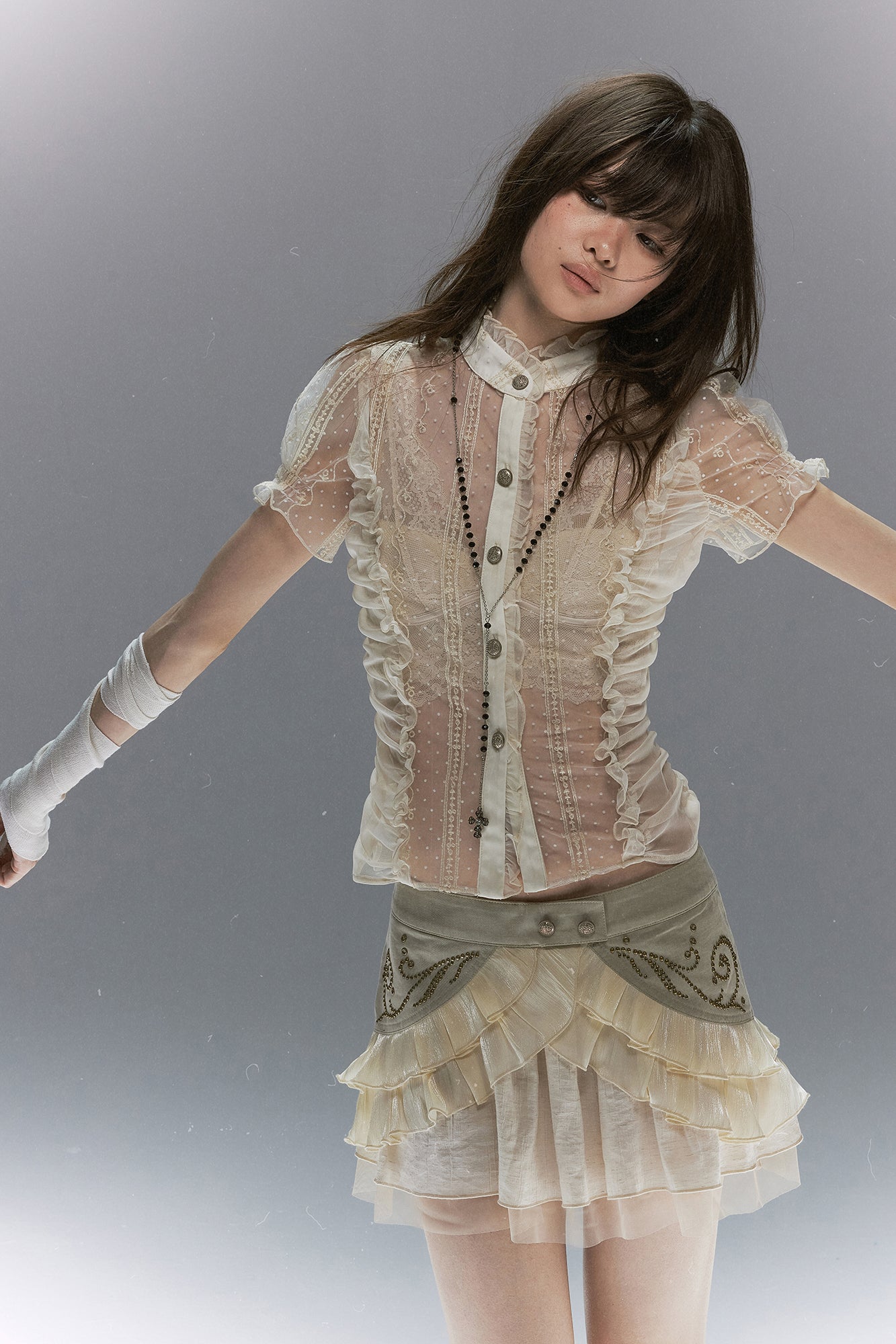 CESTNOUS Scroll-Embellished Layered Ruffle Mini Skirt