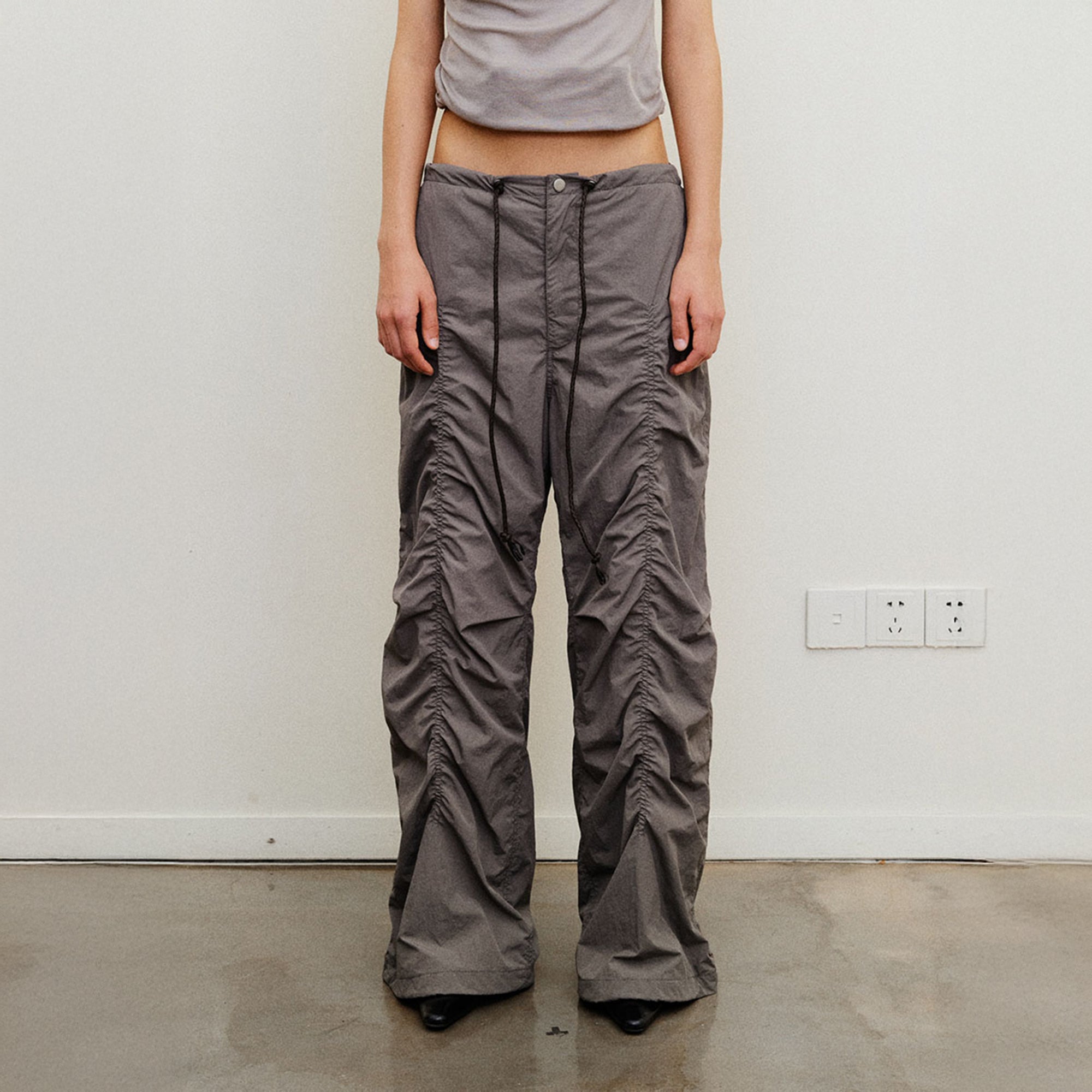 NEVERSEEZ Drawstring Ruched Wide-Leg Utility Pants