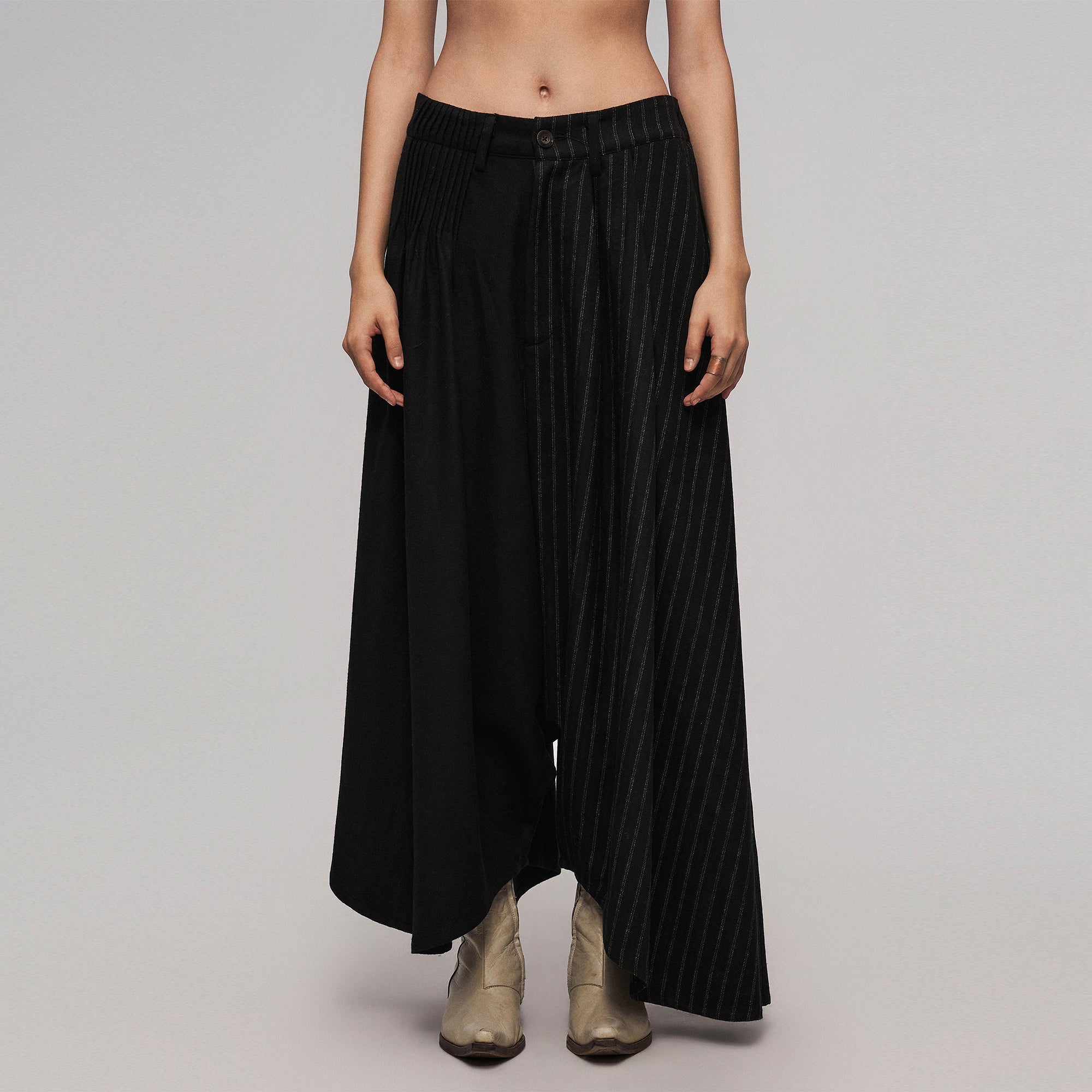 ILNya Nieternite Nifutur Asymmetrical Spliced Pleat Stripe Wide-Leg Pants Black