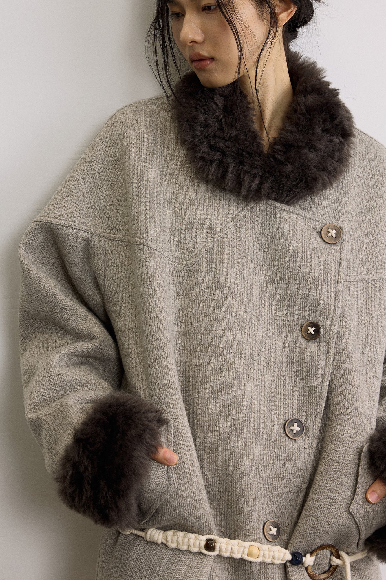 SAME FLOW Asym Faux Fur Trim Paneled Jacket