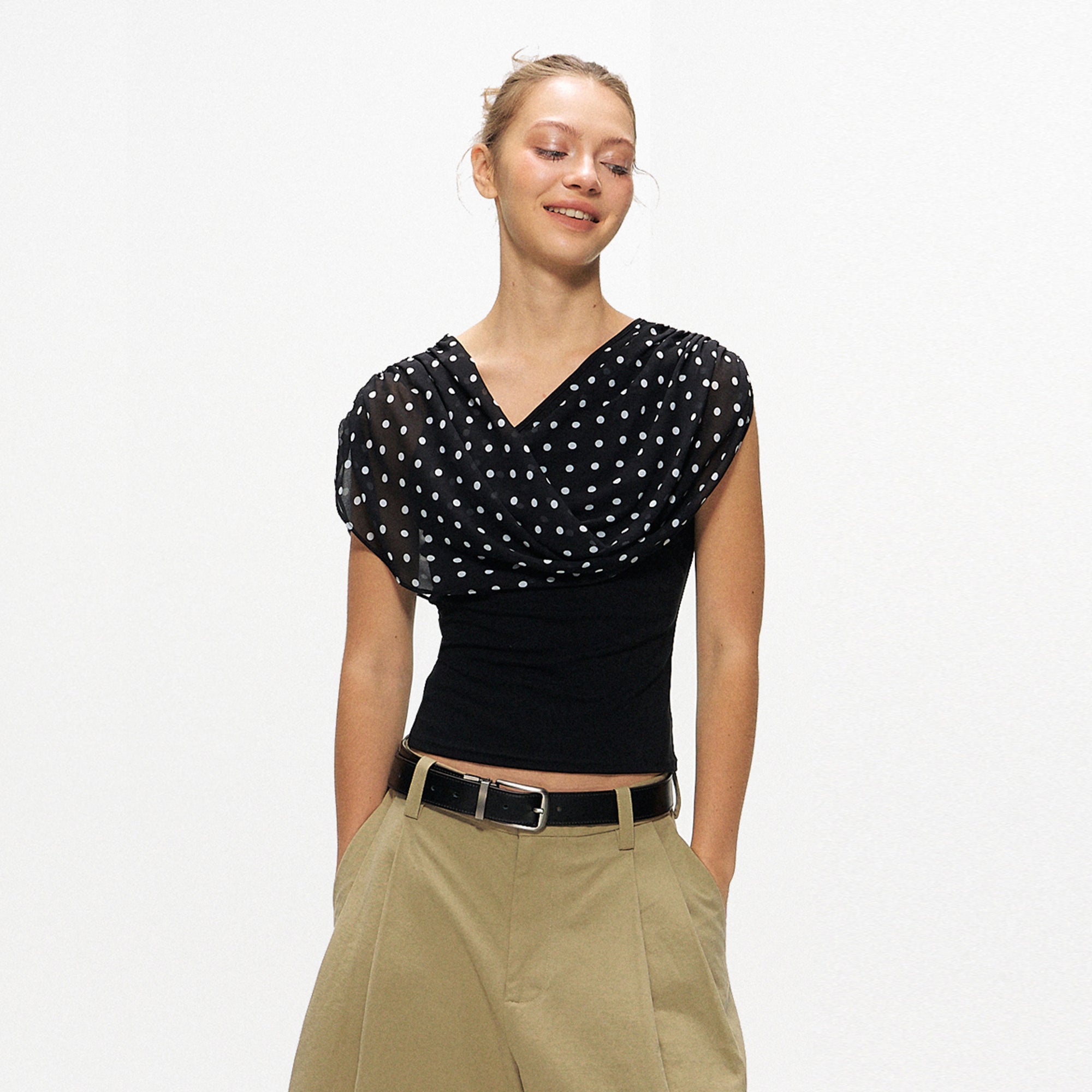 10AMSOTIIIIIIRED Asymmetrical Convertible Draped Overlay Top