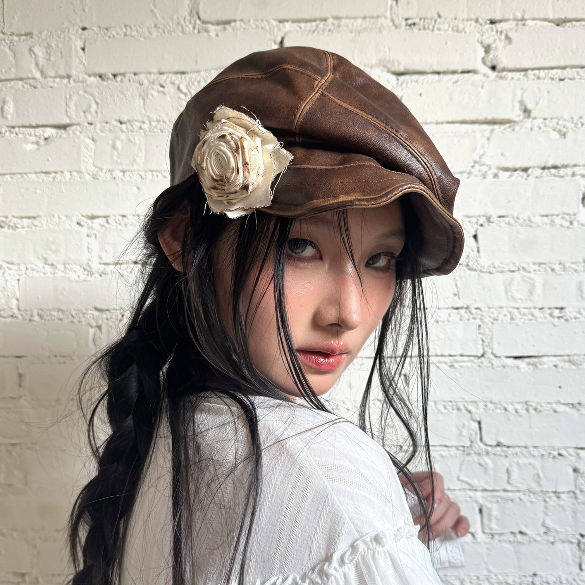 RIDK Faux Leather Rose Embellished Newsboy Cap