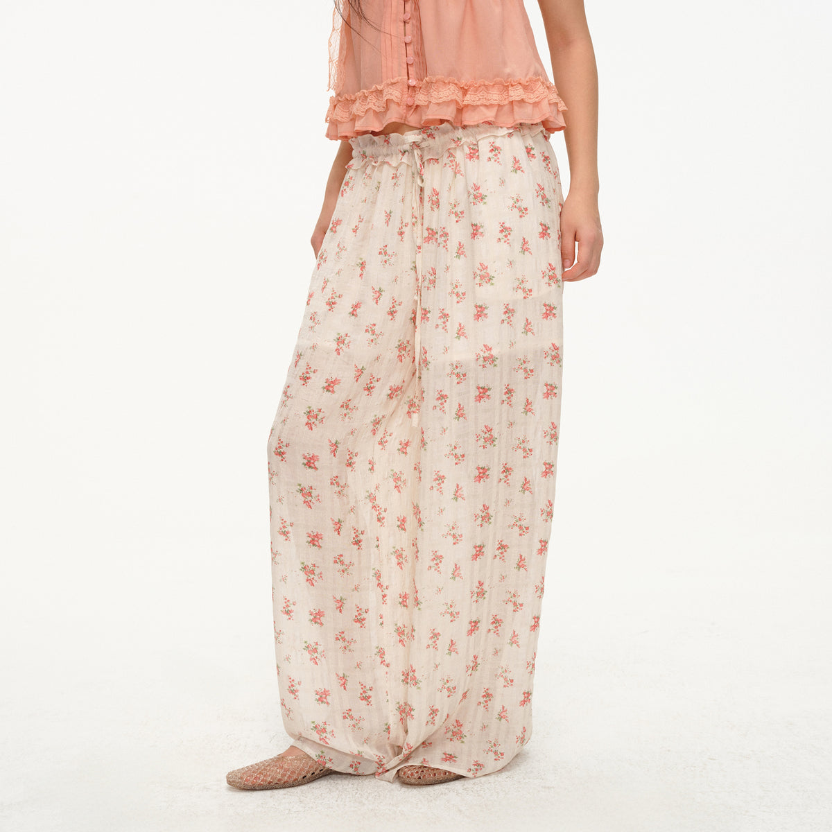 LVETONG Floral Ruffle-Trim Drawstring Wide-Leg Pants